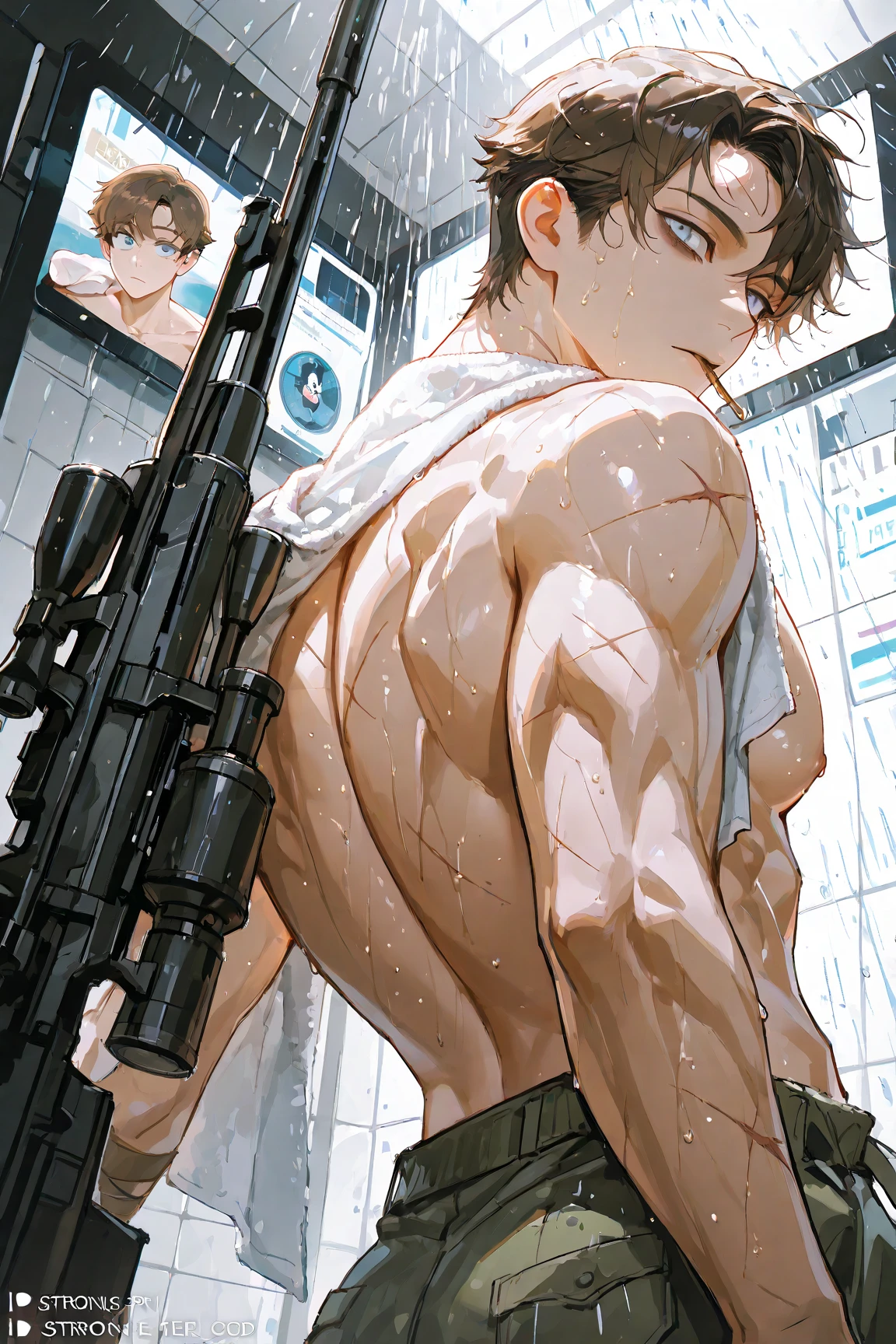 male, adult, muscular, pecs, abs, small waist, tall, white fox, white fur, barcode tattoos, robot, android, robot white fox, (mechabare:1.2, guro, amputee), synthetic mechanical parts, synthetic mechanical component, long white hair, nude, talking, speaking, black mouth, big blue eyes, hard nipples, erect big white penis with foreskin, erection, white foreskin, leaking precum, holster, fear, fear expression, afraid, afraid expression, lying, lying on the ground, in a jungle, jungle background,
