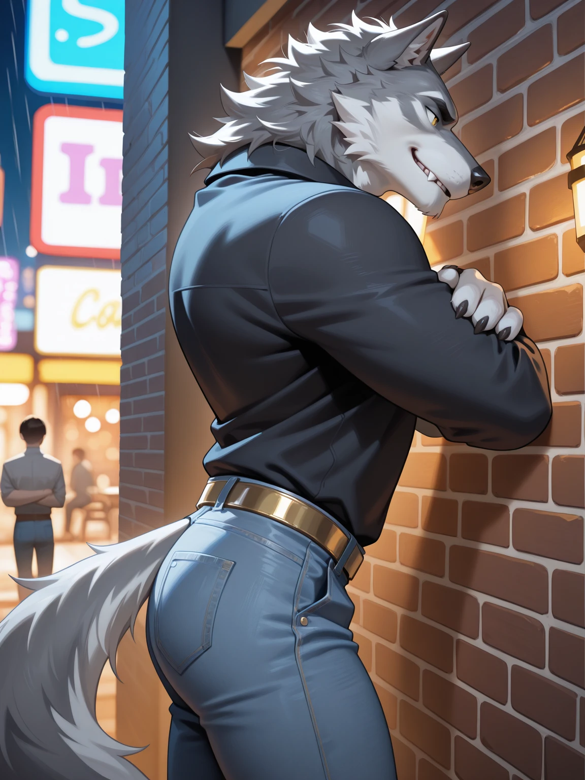 There is one adult character on this picture. The character is an adult anthropomorphic male black wolf, black fur, barefoot, digitigrade, paws, black pawpads, wolf tail, athletic character, athletic, male bare chest, bare chested male, topless male, black nipples, black areolas, visible black penis, black penis, visible black balls, black balls, visible male genital parts, ass, butt, nsfw, nude, naked. The scene takes place in front of a bar facade at night. Bar facade on the background. The character is on the sidewalk. Night. Neon lights. The character is peeing on the ground, forming a urine puddle. The character is pissing on the ground. The character is urinating on the ground. Urine puddle on ground. Confident expression. Camera front-view. Camera front view. Front-view. Front view.
