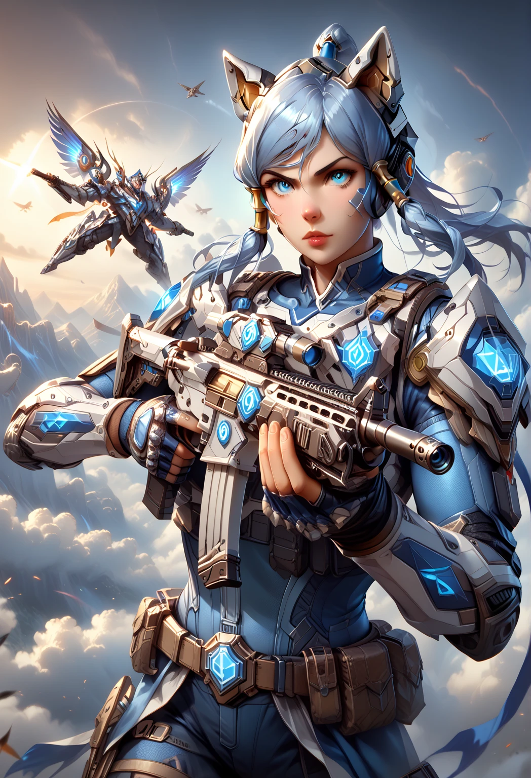 exoskeloton body armor with helmet, white platinum shining, biotic super HD , organic material, Voltron Legendary Defender, holding light machine gun, anime, tactical armor, Tactical military helmet,
S gauntlet, korra tactical vest, animal ears, wolf , full tactical gear , full body