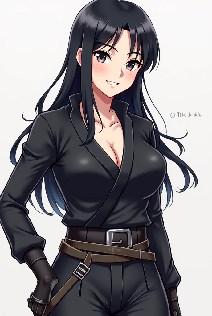 suit anime Japanese female yellow eyes black hair ivory shirt maroon jacket olive green pants. Large breasts, breasts are not visible, Long Hair Center Part Ponytail Smiling She is wearing a Japanese sword on her left hip.