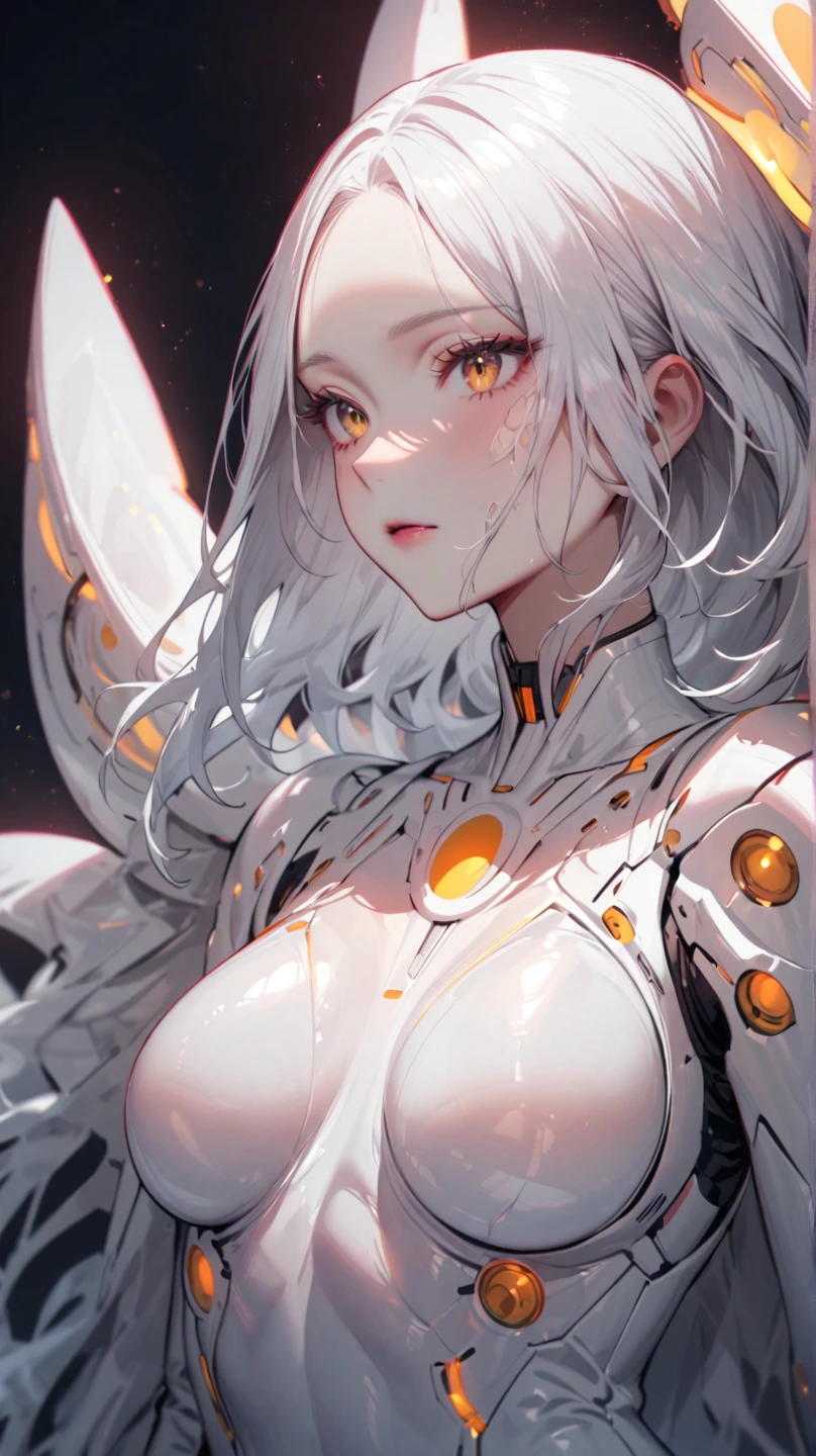 (masterpiece, best quality, ultra-detailed, best shadow), (beautiful detailed face:1.3), illustration, 1girl, solo, shiny, reflective, latex, curvy body, bodysuit, demon girl, white horns, big breast, sexy body, white hair, white horns, pointy ears, freckles, blue eyes, RAW, 8K, UHD, candid, art style by Artgerm, by nine_(liuyuhao1992), by Yusuke Murata