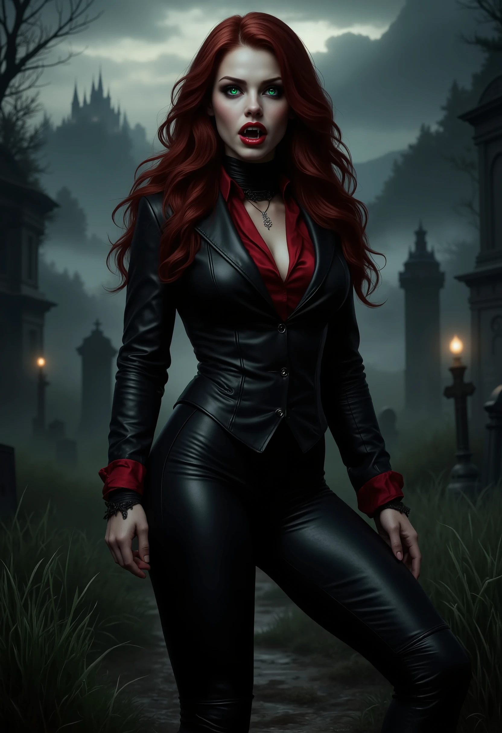 beautiful sensual sexy cool vampire girl slightly open ((huge vampire fangs)) muscular body red wavy long hair emerald green eyes, white skin, red lips, round face full red lips high arched eyebrows thin waist long shapely legs full breasts broad shoulders black leather riding breeches black leather riding boots black leather riding blazer red high neck silk turtleneck standing in tall grass in a cemetery at night fog twilight in the distance silhouette of a castle on a mountaintop