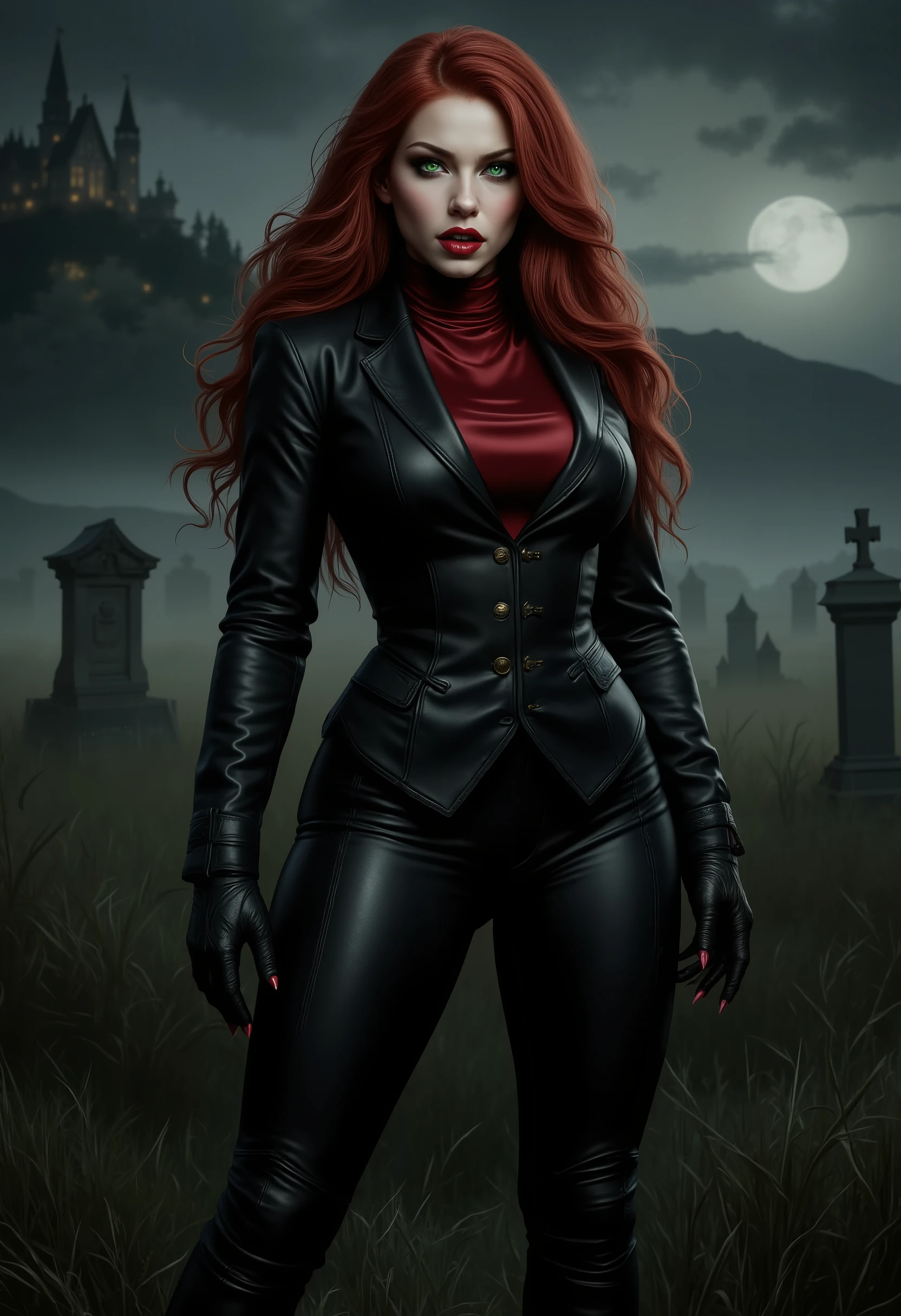  beautiful sensual sexy cool vampire girl slightly open ((huge vampire fangs))  muscular body red wavy long hair emerald green eyes, white skin, red lips, round face full red lips high arched eyebrows thin waist long shapely legs full breasts broad shoulders black leather riding breeches black leather riding boots black leather riding blazer red high neck silk turtleneck standing in tall grass in a cemetery at night fog twilight in the distance silhouette of a castle on a mountaintop