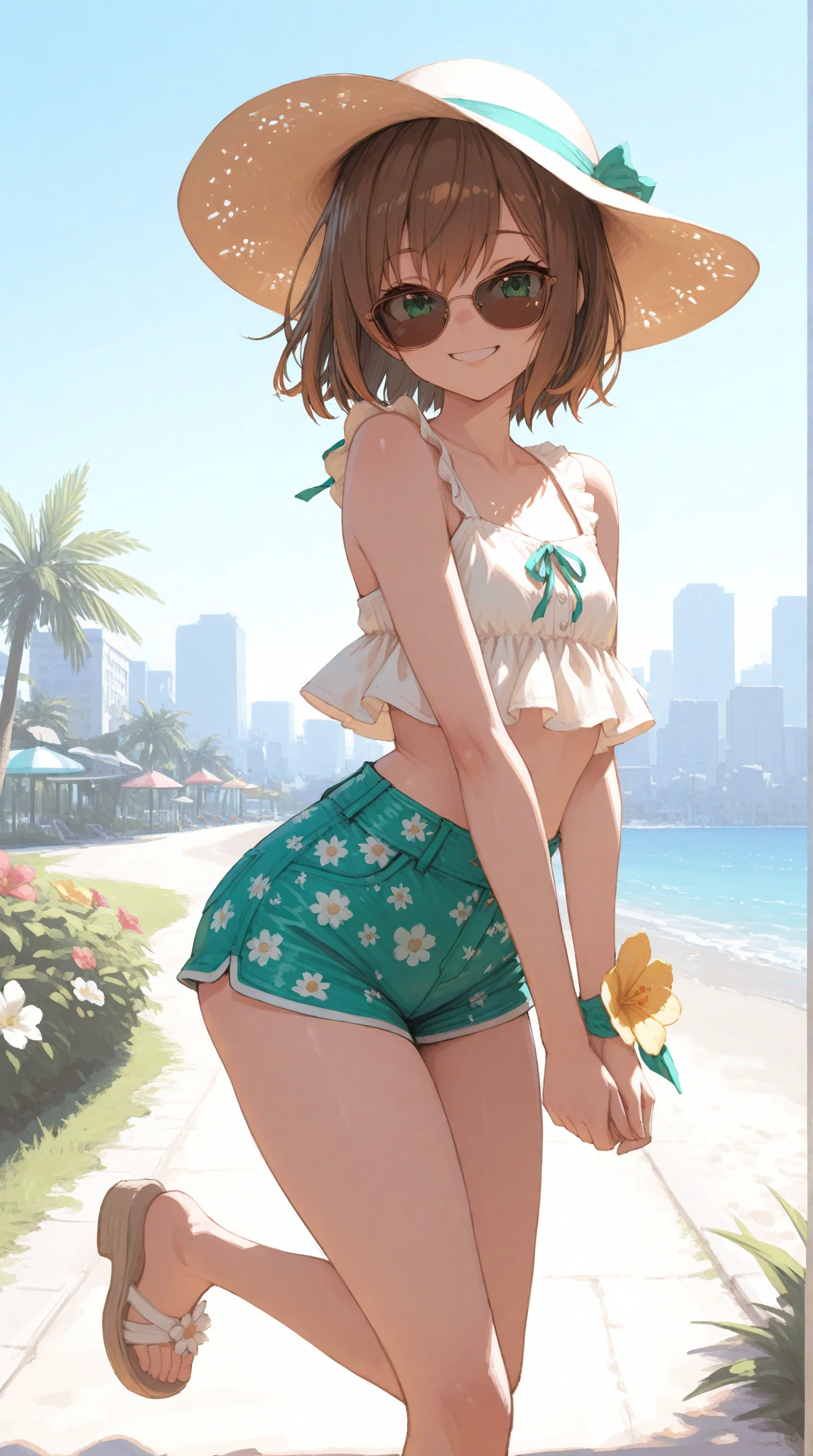 (High definition) (masterpiece), (tanned skin), Young elf girl, wide hips, small breasts, slender body, big thighs, beautiful legs, medium orange hair, green eyes, wearing black bikini top, white jeans shorts, with ponytail, cute pose, shy smile, full body in frame