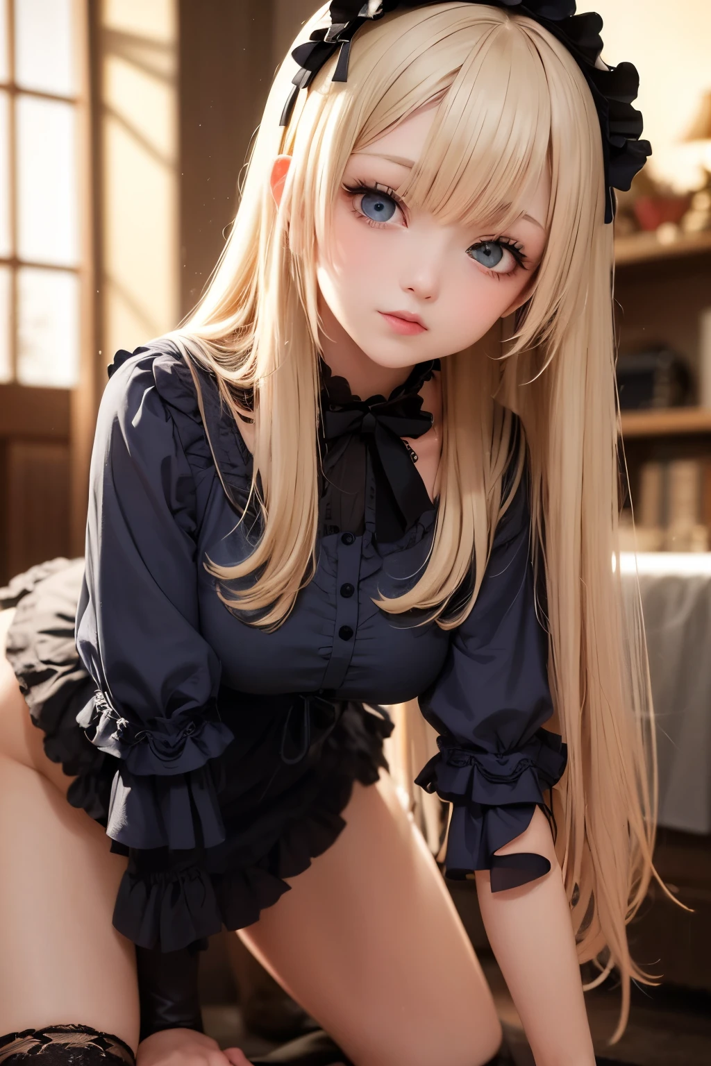 Blonde girl in black dress and hat sitting on bed, Surrealism female students, Surrealism female students, small curvaceous loli, Anime. Soft lighting, Realistic schoolgirl, dollfie dream, loli in dress, seductive anime girls, Realistic young anime girl, Anime girl cosplay, Photorealistic anime, highly detailed soft lighting