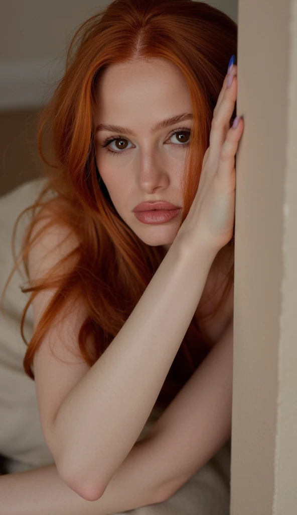 A Masterpiece, real life photo taken on a camera phone, of a seductive english woman ((with Ruby red hair)), ((detailed hair and skin texture)), (large breasts) cleavage, looking at the viewer, ((head down with eyes closed)), arms crossed (folded), wearing gym wear, simplistic background.