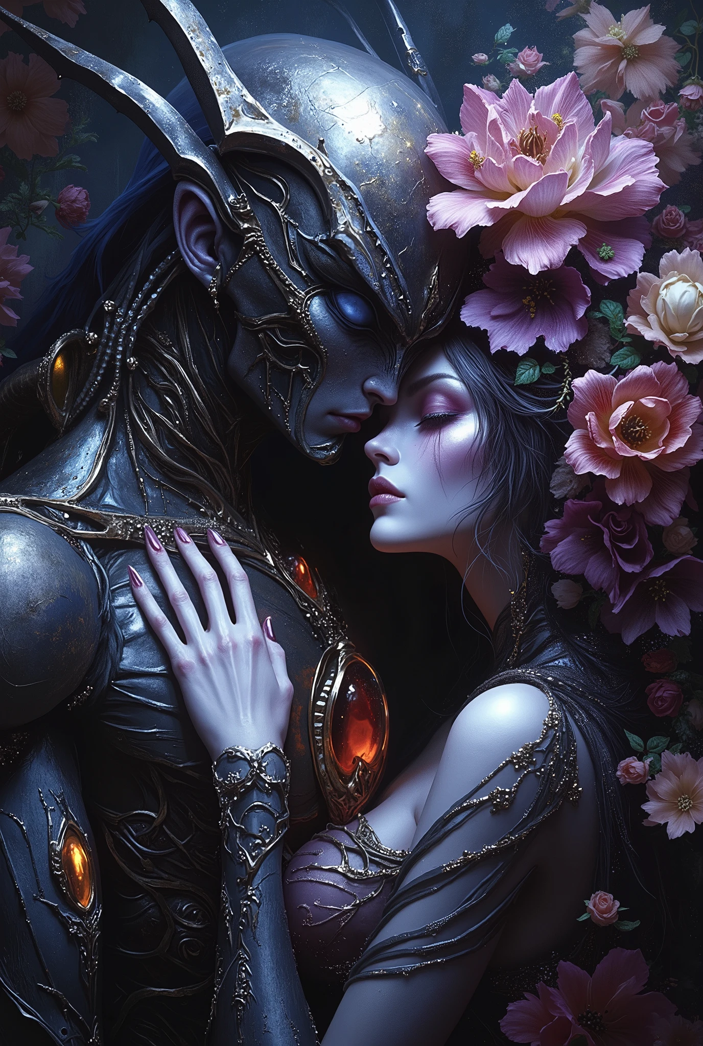 (Best Quality, 4K, high definition, masterpiece:1.2), (super detailed, photorealistic looking happy:1.37), photo taken by professional photographer, a beautiful, 1 extremely sensual prince of bugs, with 1 beautiful female flower spirit, kissing each other, detailed facial features, elegant posture, alluring expression, best quality, 4K, high resolution, photorealistic, HDR, UHD, studio lighting, vivid colors, fantasy scene, dark atmosphere, dramatic lighting, intricate details, macro photography, insect portrait, neon colored, darl lighting