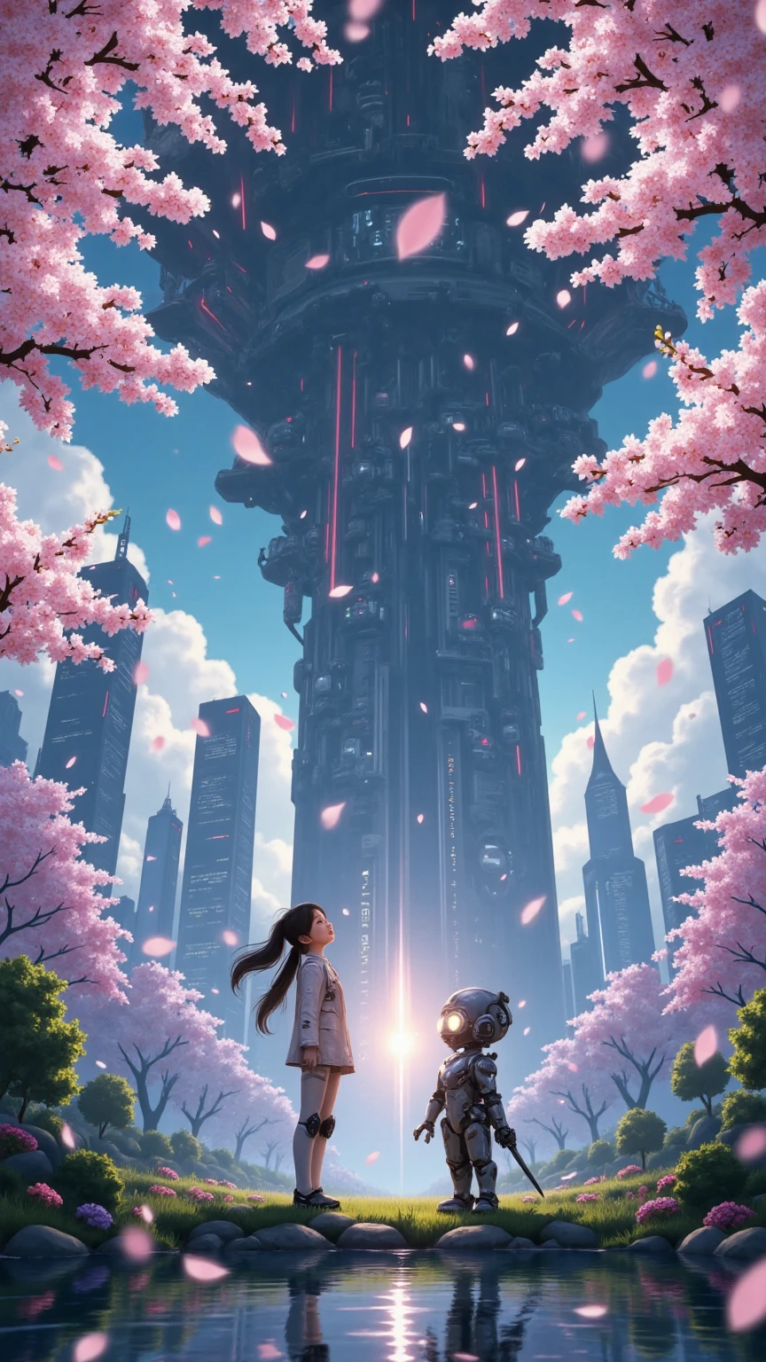 cherry blossoms、cherry blossoms吹雪、Cyberpunk、Cyberpunkシティ、サイバードロイドとCyberpunkな少女が巨大なcherry blossomsの木を見上げる、Shining Lake、The reflective surface of the lake