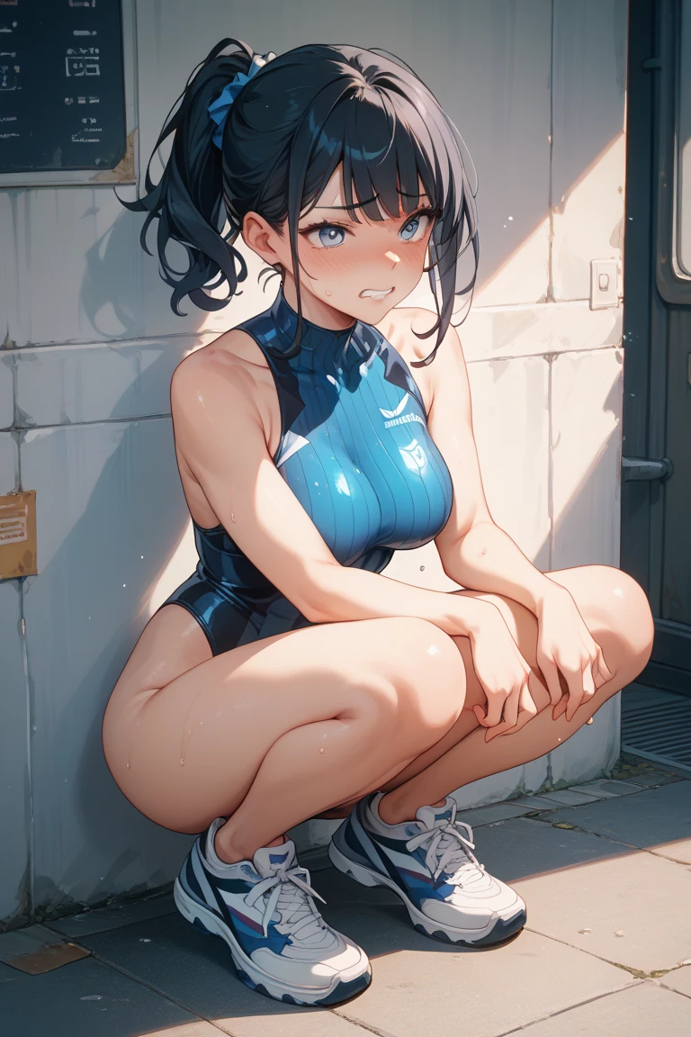 woman,Black Hair、plaits、既婚woman、Large Breasts、L Cup Breast、Visible nipples、裏路地に排尿するwoman、Navy blue swimsuit、One piece swimsuit、School Swimsuit、Squat Pose、Spread your legs、Electric shock、Sweat、barefoot、Hairy armpits、Underarm hair、lipstick、blush、Hands tied to a pole
