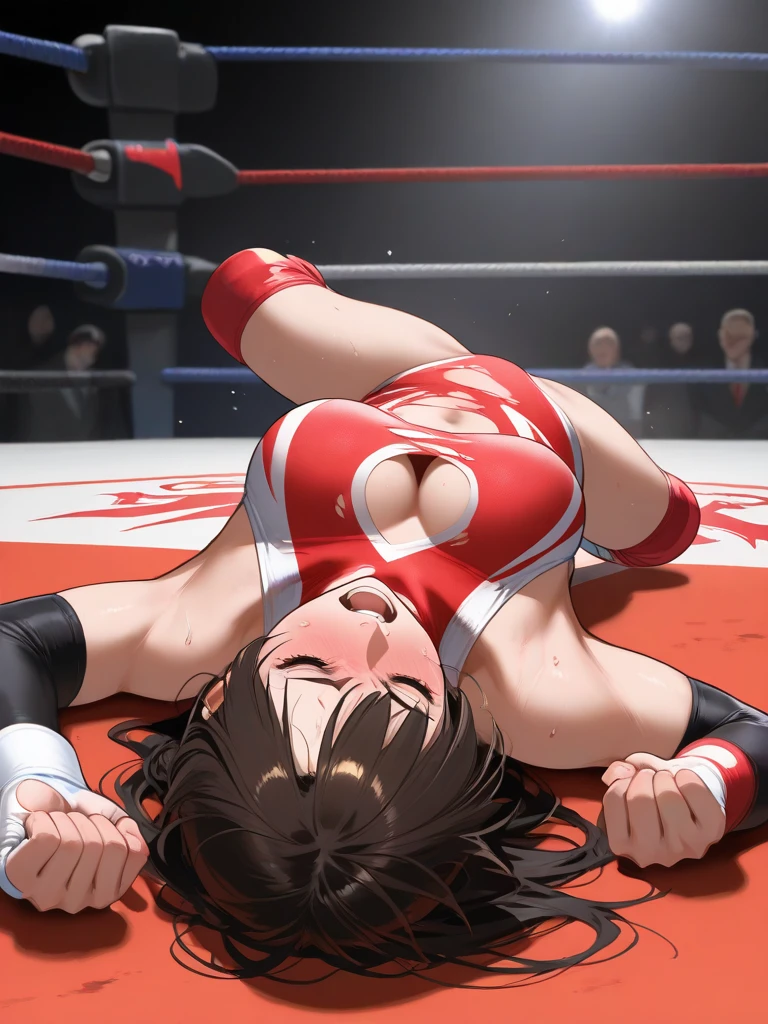 full body photographed、masterpiece、top-quality、hight resolution、A dark-haired、weak、High leg cut swimsuit、white sporty boots、Sweaty skin、Professional wrestling venues、professional wrestling、((On the ring of professional wrestling:1.1))、Red face、 girl,young woman、((all-fours:1.2))、(tiny chest:1.2)、Eyes closed、is crying、Crying、Mouth open、knockout、Facing down