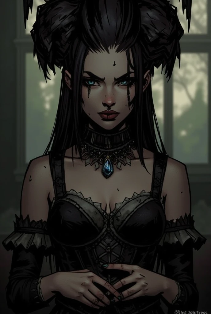 detailed, HD, 4k, dark hair woman in black dress, dark forest, chains on her waist, woman in a dark forest, in forest, in woods, witch in the woods, dark witch, close-up photo, evil grin on face
