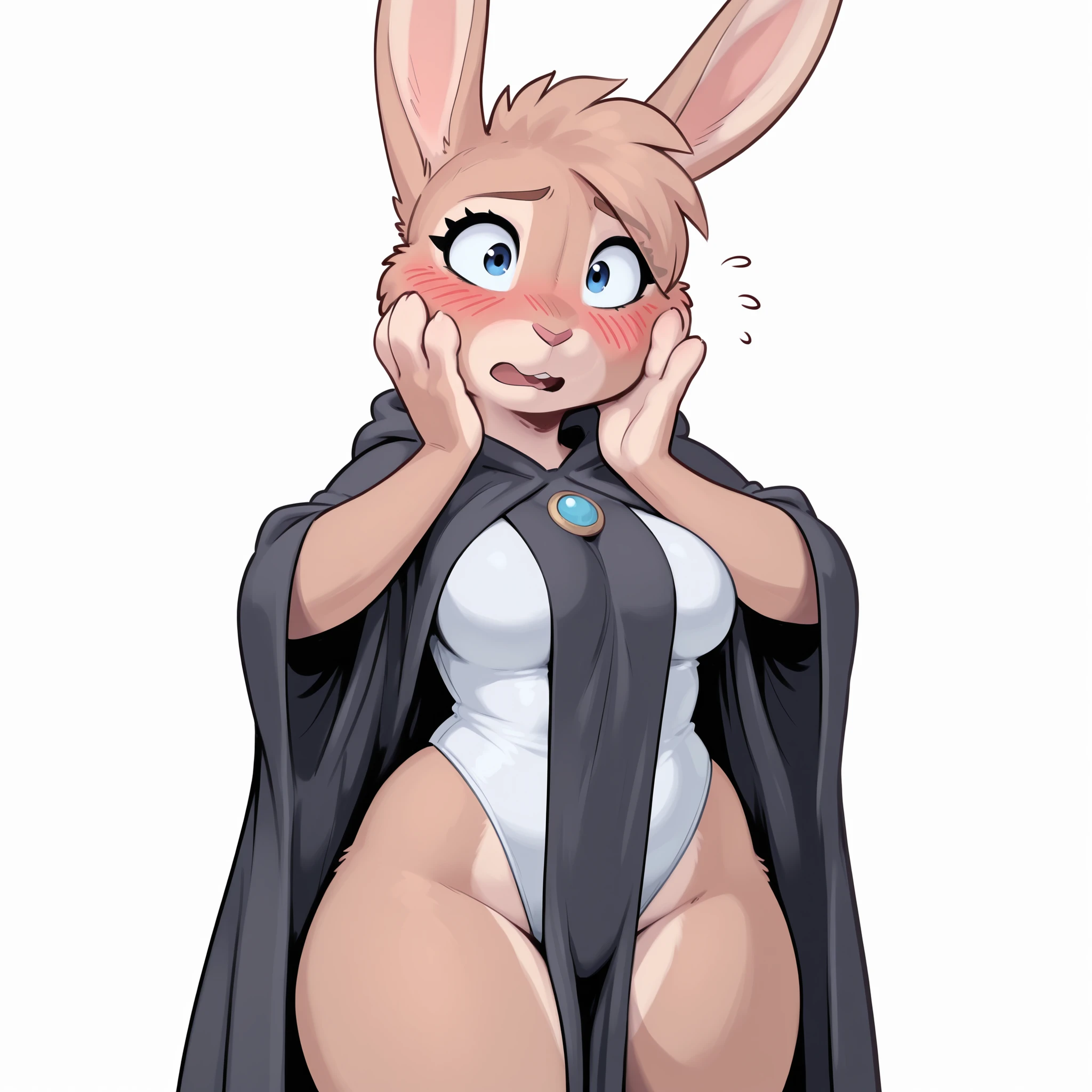 masterpiece, best quality, amazing quality, anthro bunny, female, solo, big blue eyes, big eyelashes, light brown fur, medium breasts, hopeful, kind, gentle, shy, blushing, small hands, embarrassed, wide hips, chubby thighs, looking at viewer, young, looking at viewer, hands at face, open mouth, small paws, short hair, white medieval top, white background, baggy black wizard robe