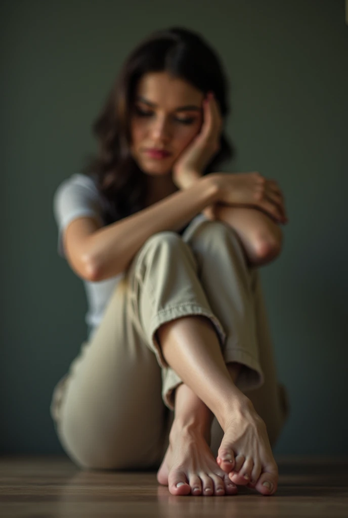 Una escena conmovedora: una mujer sentada sola, Her hands clutch her head in desperation as tears fall to the ground.. ella esta vestida casualmente, sin embargo, his facial expression conveys intense emotional weight.. The image must capture the moment in 4K resolution., detailing every tear and gesture with precision.