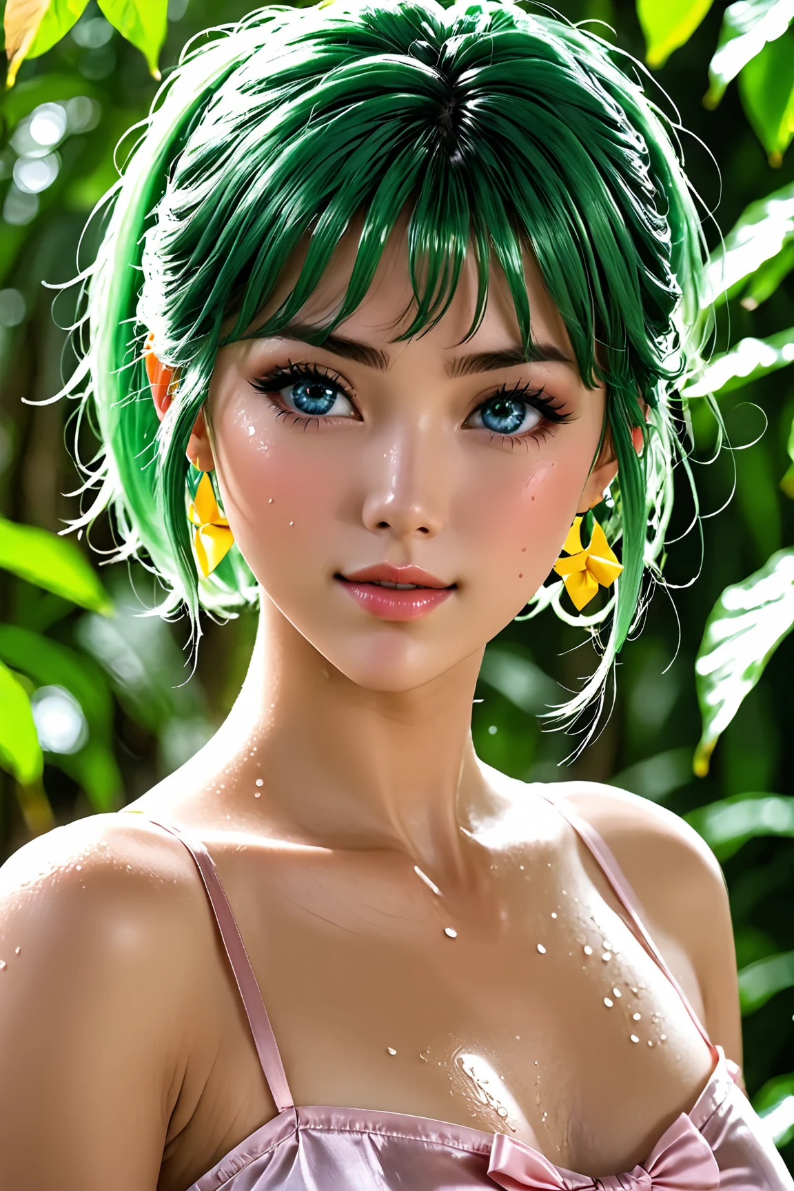 (best quality, 16K, masterpiece :1.3), pretty Woman, 1 girl, (Large Breasts, Beautiful clavicle, Attractive figure :1.2), short hair, Wavy ends, Silver hair gradient light blue hair, messy hair, side chain, (wet from rain, get wet by rain, wet :1.2), Sky blue gradient lake green eyes, Look up, students shine, Students reflect on their surroundings, super detailed face, delicate lips, exquisite eyes, double eyelids, long upper eyelashes,
