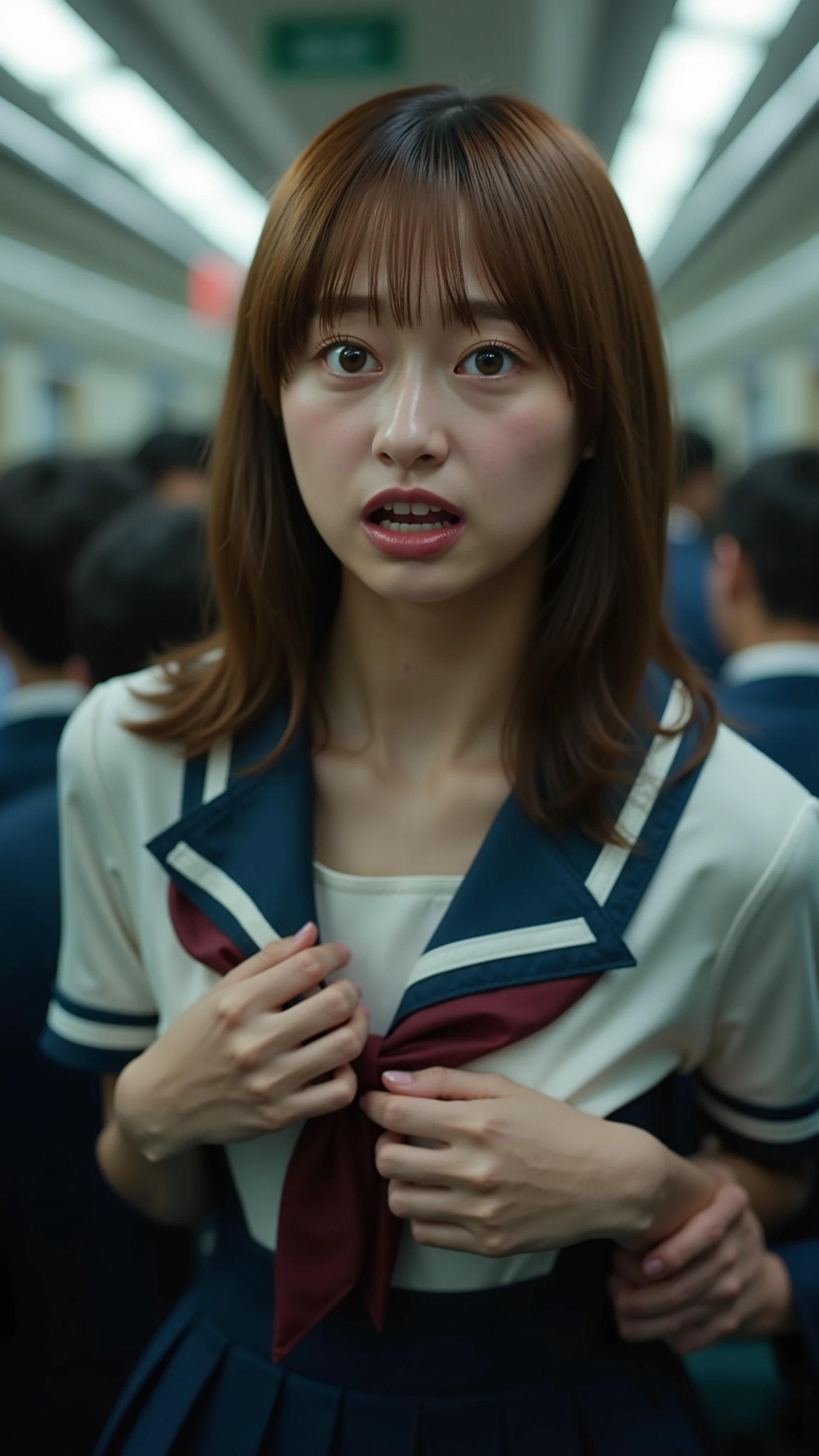 A high resolution photograph of a young beautiful Japanese woman being molested wearing a school uniform standing inside a crowded train car.
She has petite body, brown hair and pale skin.
(A man grabs her breasts with both hands from behind. The man's face is invisible:2.99).
She's shouting and screaming in sexual behavior. Her eyes are wide open and her mouth is wide open.
She looks surprised expression, crying, frustrated, frowning, panting, gasping face. The focus is on her face.
It depicts detailed face, detailed eyes, sophisticated nose, carved face, greek nose, narrow nostrils.
The amazing quality, extreme details, intricate details, sharp focus, rich contrast and realistic use of professional lighting techniques make this photograph a masterpiece.
