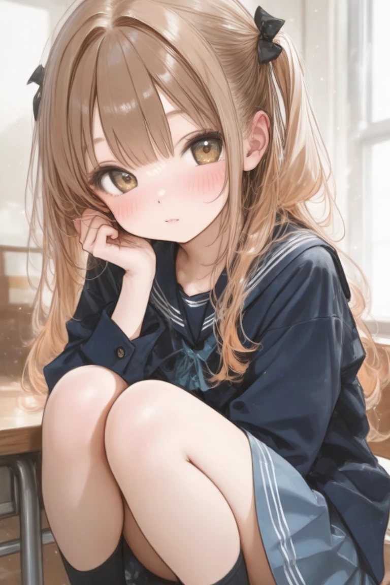 Girl sitting on wooden bench, Full Color Manga Cover, brown hair with light blue ends,,,,, Looking down at you, Film Key Art, Smiling softly, DVD Cover, uniform plain sky, Inspired by the taiga of the pond, Bend a little, Humanized, 2 0, Looking directly at the camera、Large, H cup size plump breast,、a sailor suit、Mikuru Asahina