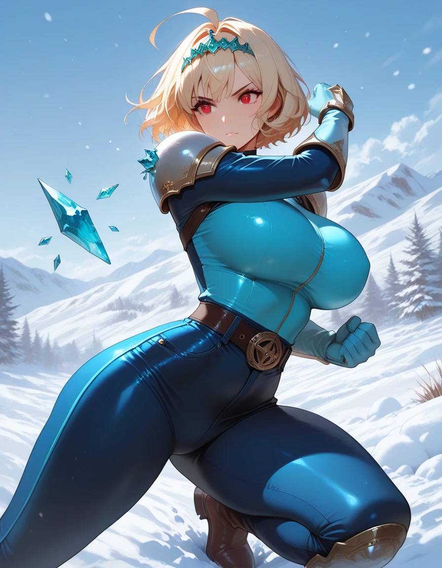 Sans blue jacket black shirt fire eyes skull smile long eyelashes white short hair glowing face blue keel cannon one standing in the snow town Femininefull Super huge breasts breast enlargement full-body shot