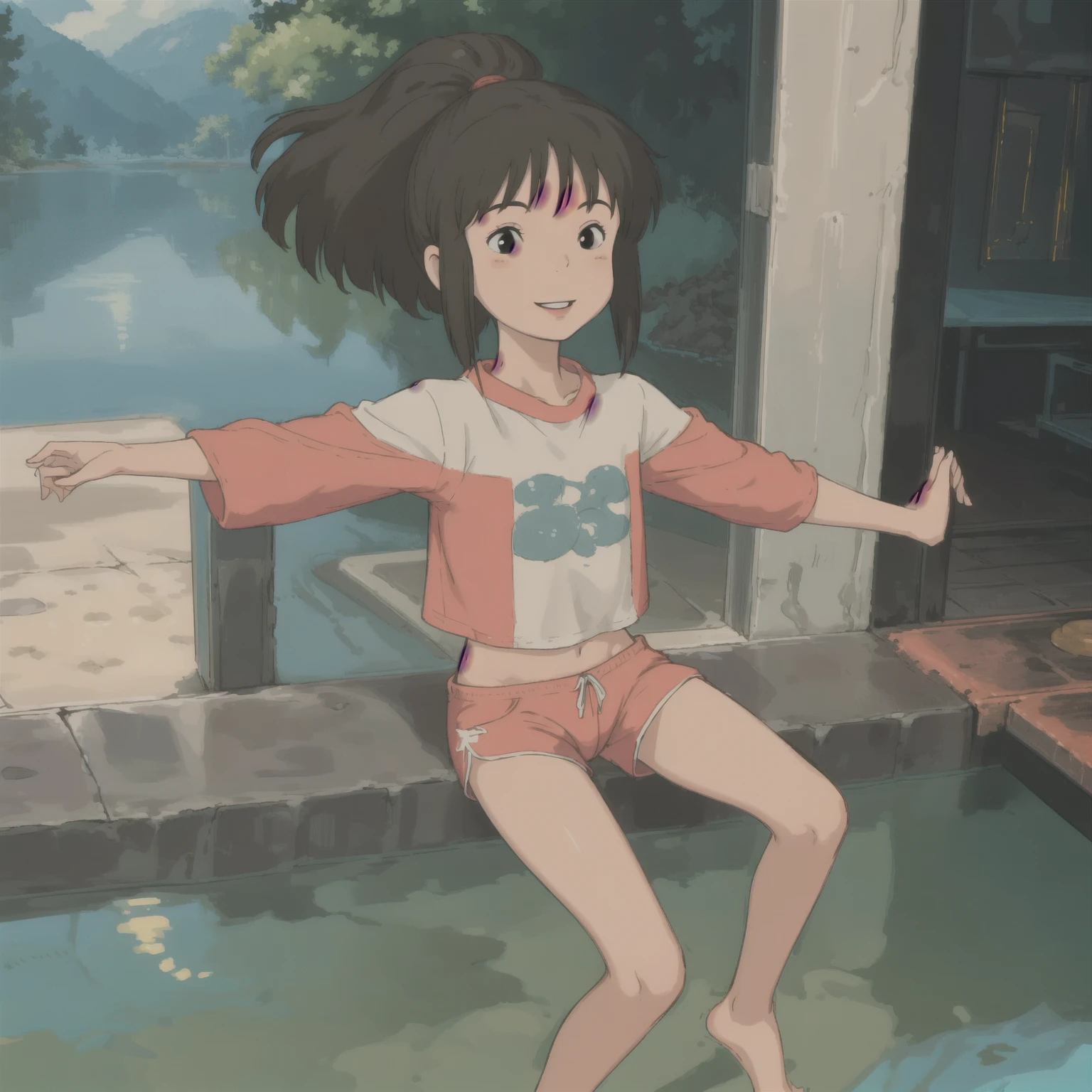 Chihiro Ogino, (Young girl:1.3), (10 years old:1.3), Ghibli style, One girl,, bangs, Iris, Black Hair, blush, alone, Happy , School swimming pool, spread legs, indoor, naughty face, (night:1.3), Nude, nsfw, necklace, ponytail,Showing off her chest, Sitting, spread legs, Showing her nipples