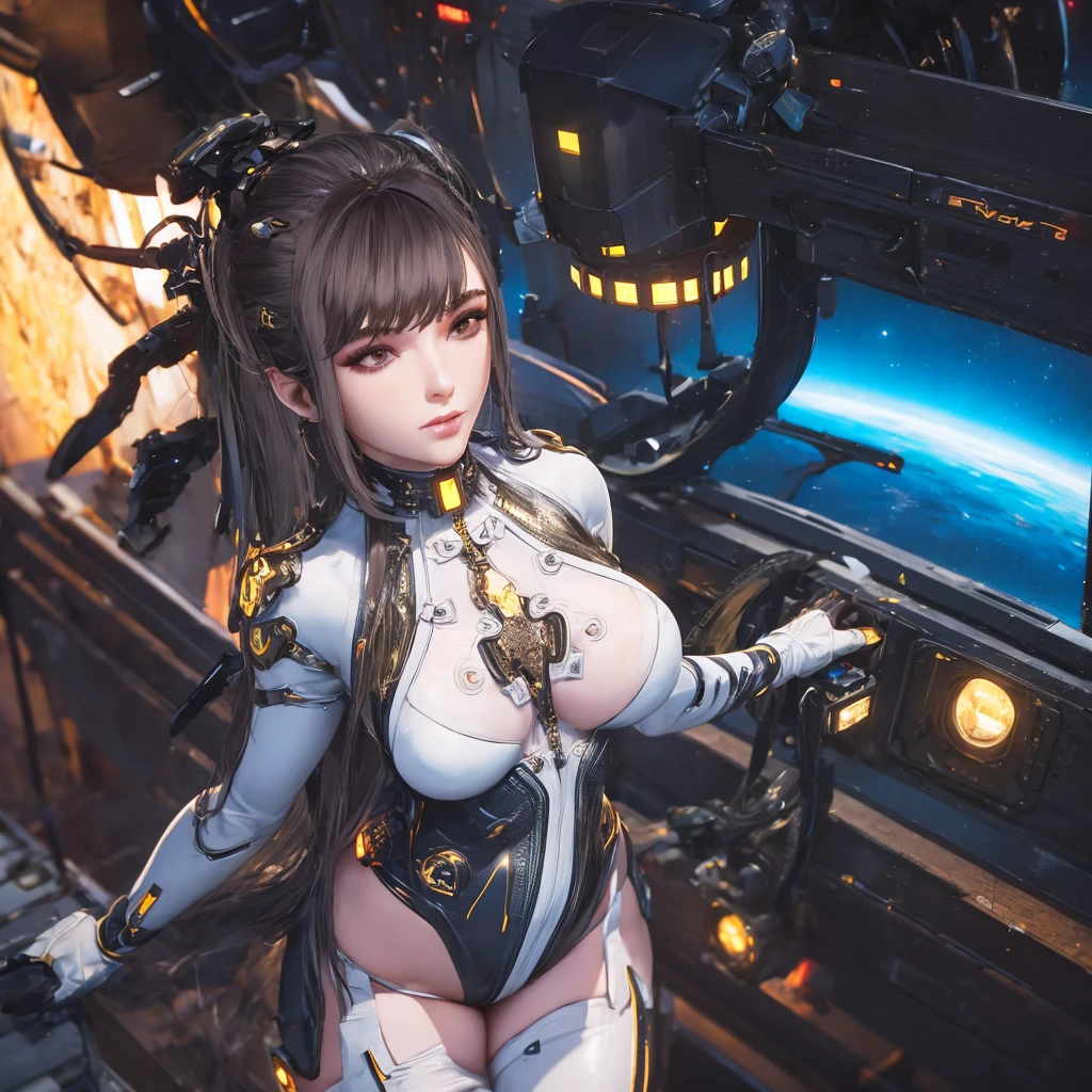 ((Best quality)), ((masterpiece)), (highly detailed:1.3), 3D, beautiful, (cyberpunk:1.2), in space, nebula, holding_weapon, laser, (1Female mecha:1.3), sexy body, facing the audience, Glowing eyes, full body, (flying, swooping down, dynamic, motion blur: 1.4), (huge mech wings: 1.6), looking up, glowing_eyes, mecha, panorama, background is earth, nebula, space, particles, Reality, HDR (High Dynamic Range), Ray Tracing, NVIDIA RTX, Super Resolution, Unreal 5, Subsurface Scattering, PBR Textures, Post Processing, Anisotropic Filtering, Depth of Field, Maximum Clarity and Clarity, Multilayer Textures, Albedo and Specular maps, Surface shading, accurate simulation of light-material interaction, perfect proportions, Octane Render, two-tone lighting, large aperture, low ISO, white balance, rule of thirds, 8K RAW, efficient sub-pixel, sub-pixel volume product, (best quality),(Japanese:0.5),(korean:0.8), (Liu Yi Fei:1.5) long hair, (big breast:1.2)