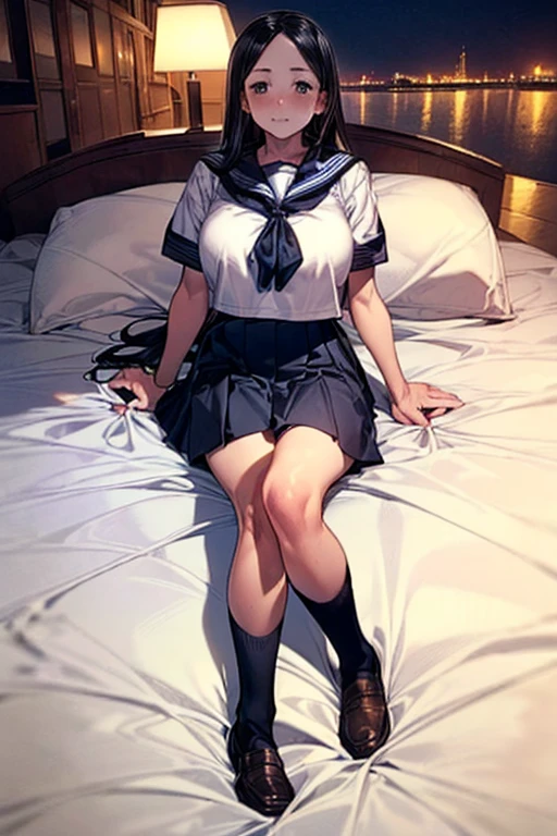 cute little、 lightsmile,Beautie, Anime style, ghibli-like colors, Blazer Uniform、17 age、I'm inviting、on the bed、A dark-haired、White underwear、Take off your underwear halfway、You are showing me your pubic area、Straight hair、Glamour、is open、Colossal tits、de pele branca、Black socks、Eagerness to show、I'm excited、wide-open legs、Very embarrassing、red blush。 Best Quality , Textured skin、 Super Detail, high details, High quality、、????????????、?????? facing me,Semi-long hair、I'm、Open mouth、Trying to take off your panties、