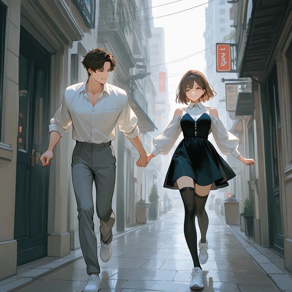 A girl and a boy dancing i the rain 