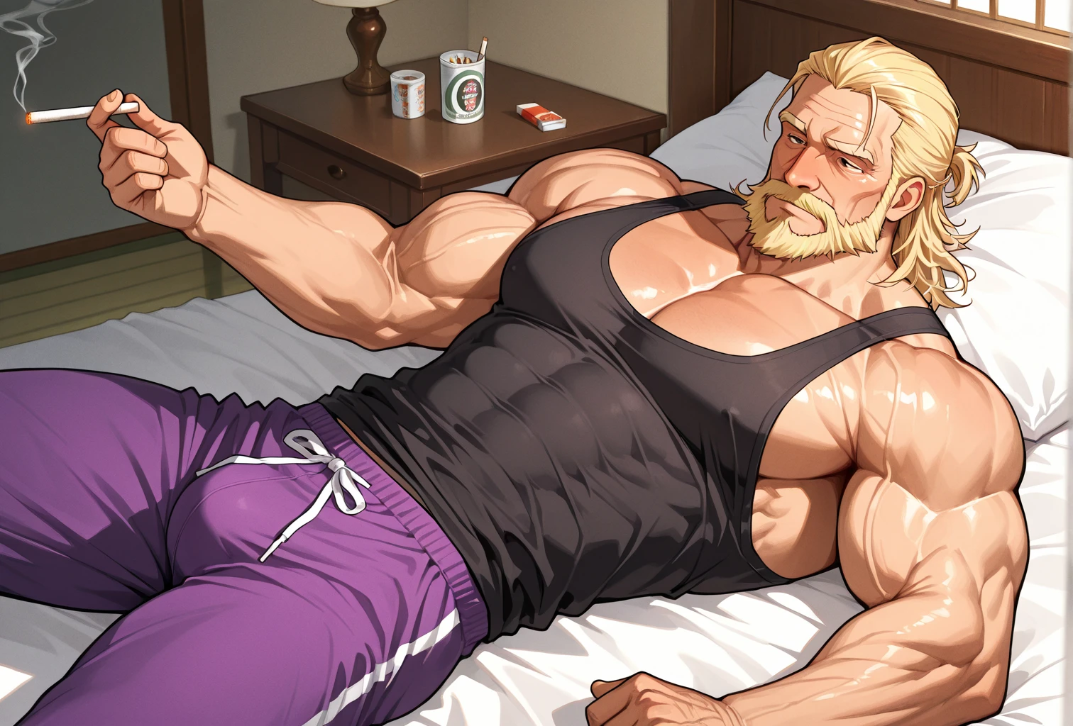 1Man, 1boy, Handsome Hairy Muscular shirtless, buff man sitting in a bed with a little cute blonde 6y.o. boy licking his feet, homoerotic, sfw, Muscular!, Beefy, nsfw foot fetish.