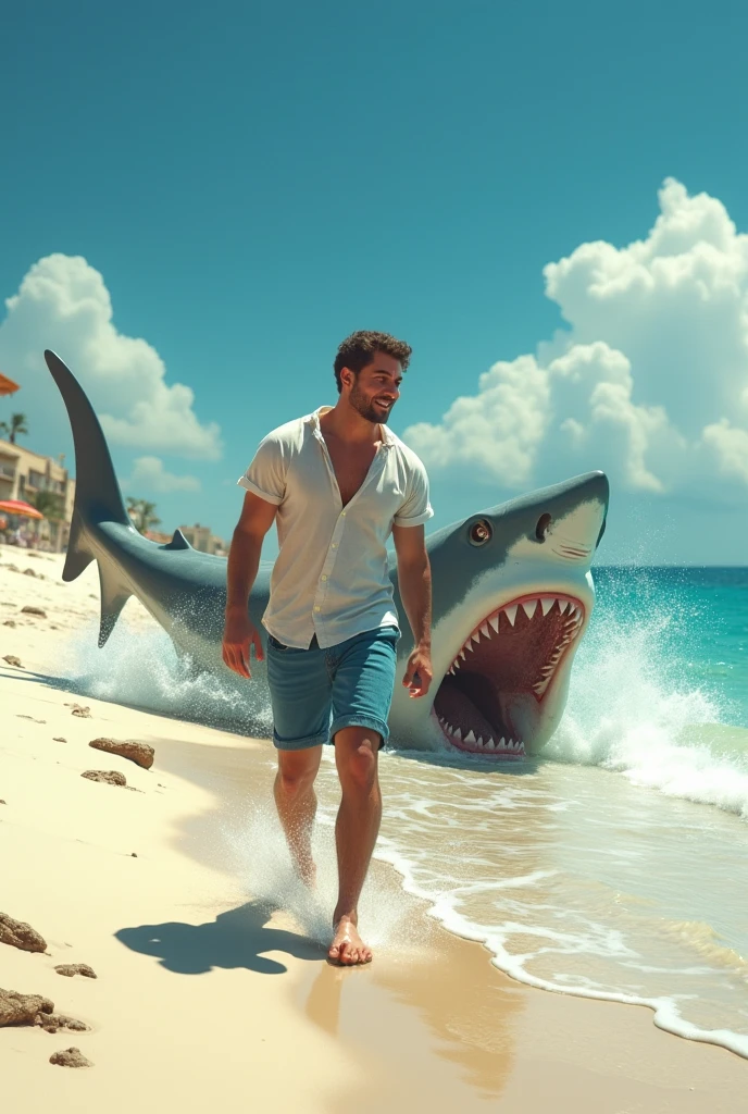 Messi with a Shark in the sea beach. 