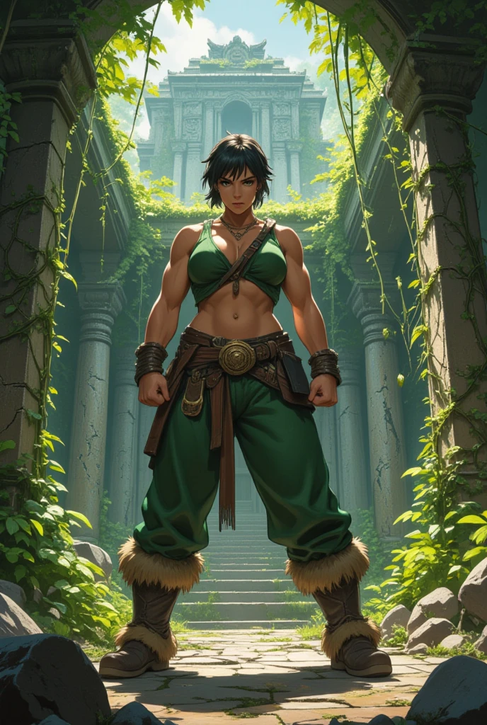 a female barbarian, pixie cut hair, black hair, tanned skin, bronze skin. Wide shoulders, large , strong jaw, (((detailed eyes, detailed face))). Wearing green shirt and pants, fur trim, fur boots. Angry expression. Show her standing in a heroic pose, fists on her hips. Castle ruins background. Pov from above