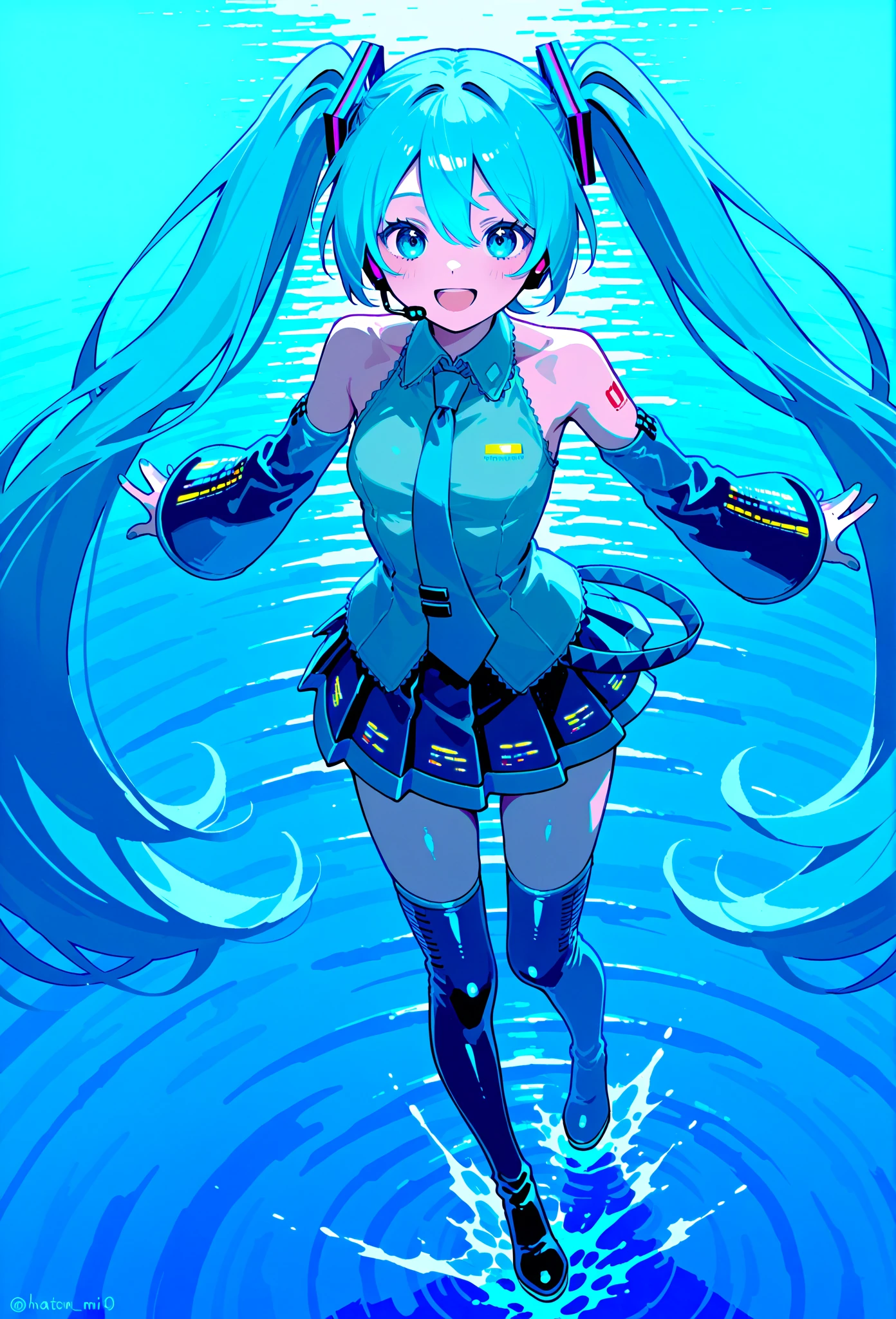 (masterpiece, best quality, 8k wallpaper:1.2), ultra detailed, absurdres, highres, 1girl, looking at viewer,( hatune miku:1.3), happy, white , (laugh:1.1), long twintail, blue green hair, dancing, silky skin, beautiful eyes, focus on eyes, long hair flowing with the wind, beautiful smile line, big blue eyes, shiny hair, (surrounded by heavy floating musical note flow:1.3), on the stage, (((glossy slippy smooth texture {blue|black} one-piece japanese school swimsuit:1.3))), from side behind, flat chest:1.3, realistic, realism, photorealistic, beautiful detailed eyes, beautiful detailed skin, beautiful detailed clothes,
