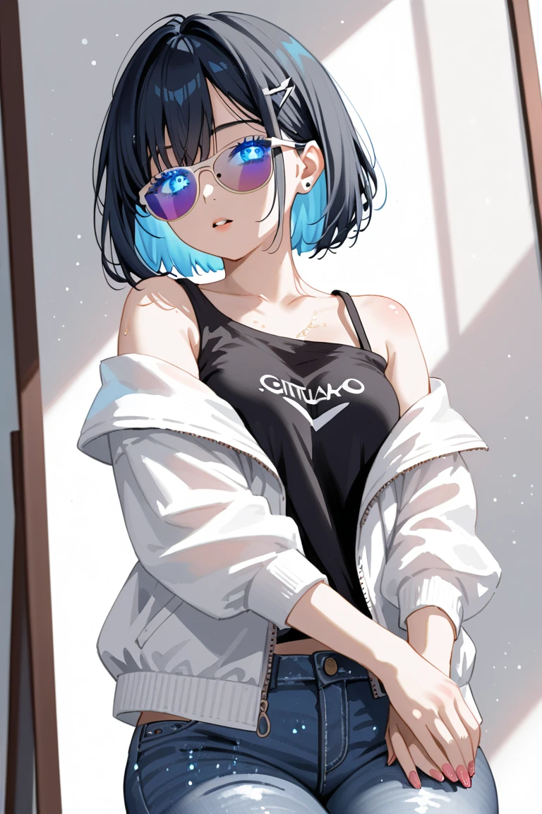 masterpiece, highest quality, Super detailed, Magpie, girl, ((light blue short hairstyle)), big smile, Street Banditwear, leather jacket, white t-shirt, small breasts, black leather jacket, jeans pants, spike choker, earrings, lowered the glasses, Livable 2D, flat art,combat boots, covered navel, A holster for the beholder, hand gun, have a pistol, Upper body,