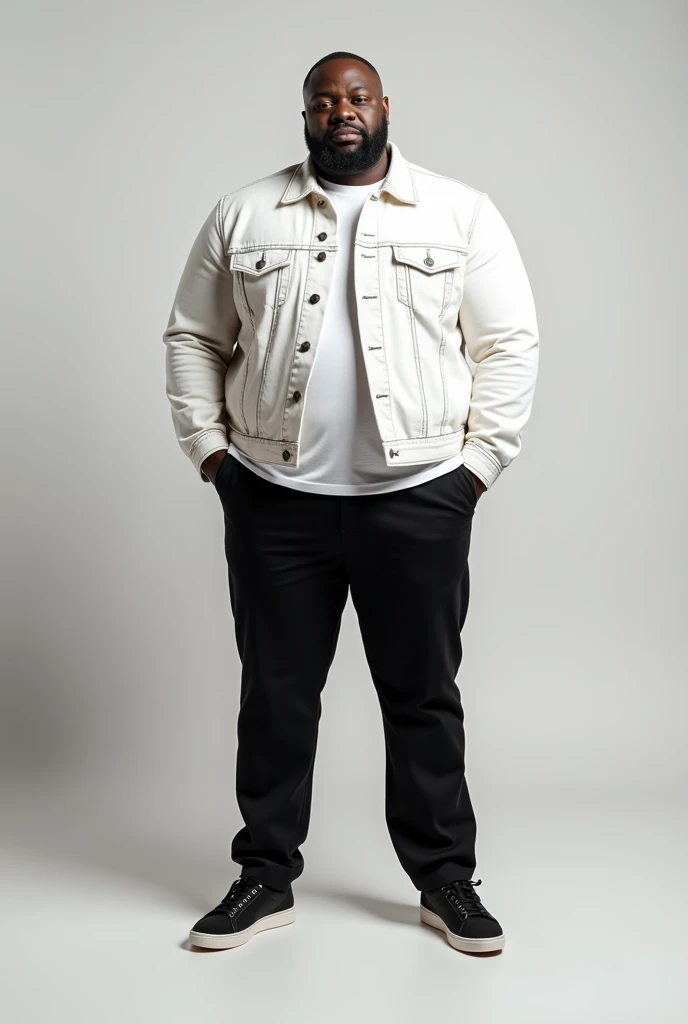 Create a picture of a 6-foot-11-inch strong man, wearing cream tailored pants, plain black t-shirt tucked into pants, white shoes or sneakers, some accessories like chains and bracelets. And an elegant watch that matches the style.