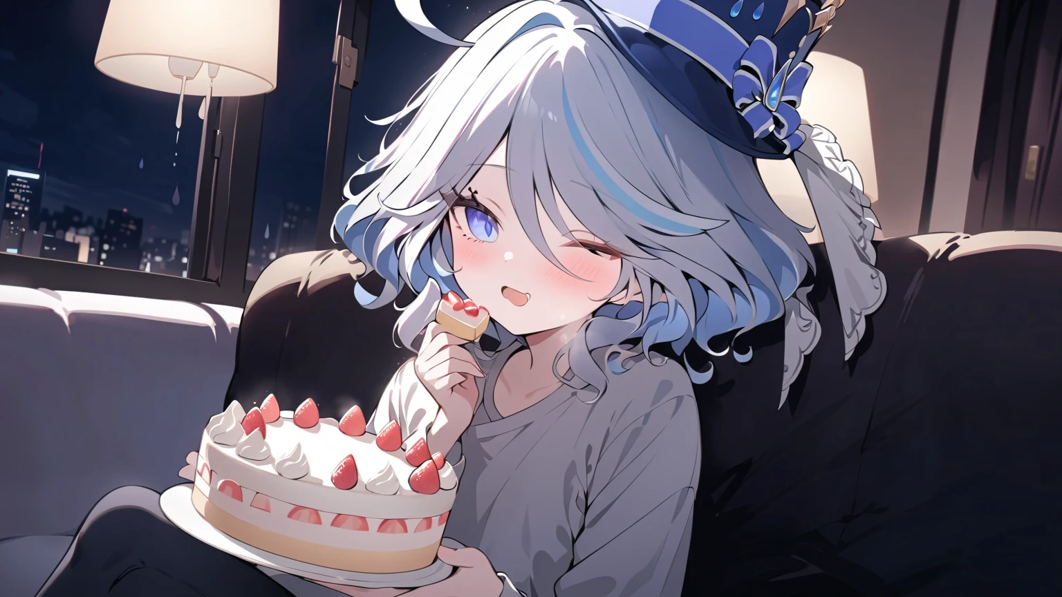 masterpiece, best quality, 1girl, looking at viewer, furina, sitting at sofa, eating cake, white shirt, short pant, wearing her hat, blushing, opening mouth, left eye closing, living room, cold, window left side, raining ouside, minimum light