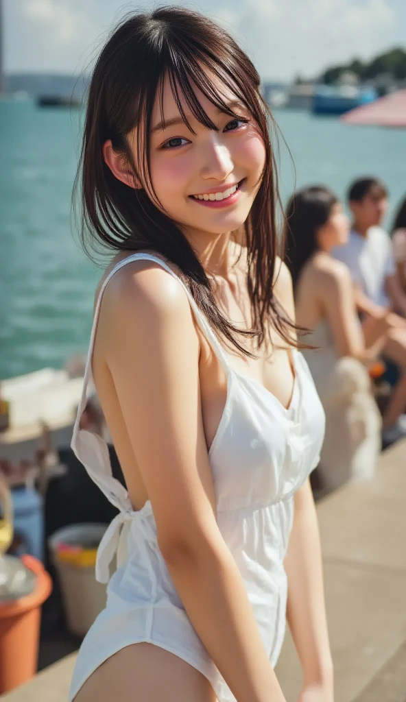 1 pretty girl,white skinned,brown hair,summer dress,looking at viewer,pony tails,sea,Brown eyes,Realistis,small chest,Medium breasts,happy smile,low chest,Above the knee frame, in love, romantic