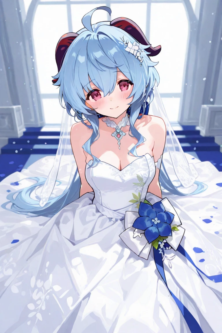 prinz eugen \(warship girls r\),((masterpiece)),(((best quality))),((ultra-detailed)),((illustration)),((disheveled hair)),((frills)),(1 girl),(solo),1girl, solo, hair ornament, glossy lips, medium breasts, wedding dress, upset, scared, elbow gloves, (sinking in mud), garden, necklace, from above, (wedding dress spread on ground),Red eyes with highlights, Blue short hair(delicate eyes), twintails,