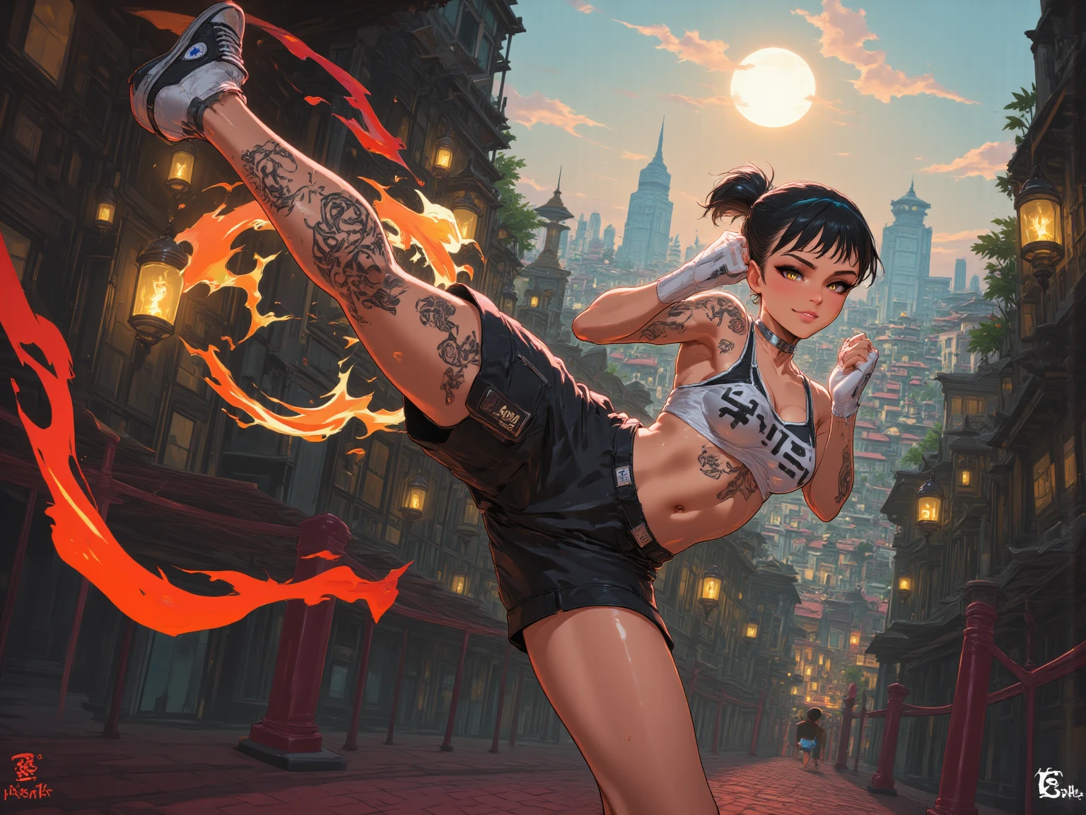 ((masterpiece,best qualtiy)),1girl,solo,ChunLi,chinese dress, tight pants,beautiful night street background,18yo, sharp eyes, medium breasts, toned, 8k, full body, ambient lighting, underboob, ring, arn thick thighs, detailed legs, flexible, (standing on one leg:1.2), (standing split:1.3), muscular, hand holding one leg up,park background,nsfw,cameltoe,erected