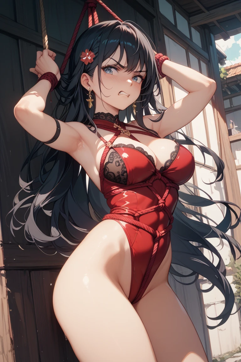 face: Art Style, Anime Style Color: Predominantly red with contrasts of black and white, Eye color: bright crimson red, with luminous reflections. Hair color Black with red highlights, HAIRSTYLE: Long with twintails, adorned with the traditional red and gold hair ornament, (((mischievous and playful smile with a touch of mischief))), muscular legs, sadistic, (((no motel room))), {{{sitting on the chair with her legs crossed facing me}}}, (full body photo), manicured nails, red nails, (((wearing a very short and sexy bikini) ))