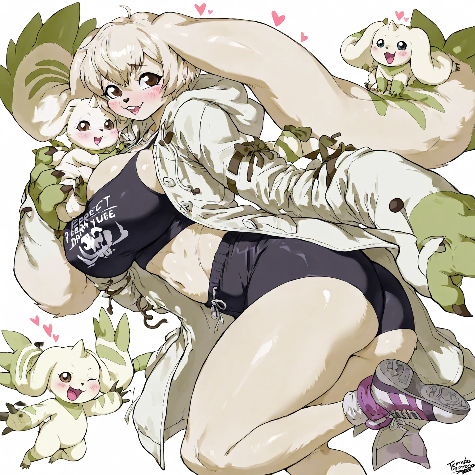 1girl, breasts, looking at viewer, blush, smile, short hair, bangs, blonde hair, simple background, hair ornament, thighhighs, white background, animal ears, cleavage, medium breasts, closed mouth, underwear, green eyes, standing, tail, full body, braid, boots, frills, cat ears, bra, high heels, cat tail, animal ear fluff, bare arms, clothing cutout, multiple views, thigh boots, cleavage cutout, white footwear, underwear only, light brown hair, knee boots, cat girl, short twintails, pom pom (clothes), high heel boots, white bra, paw pose, meme attire, frilled bra, cat cutout, cat lingerie, pom pom hair ornament