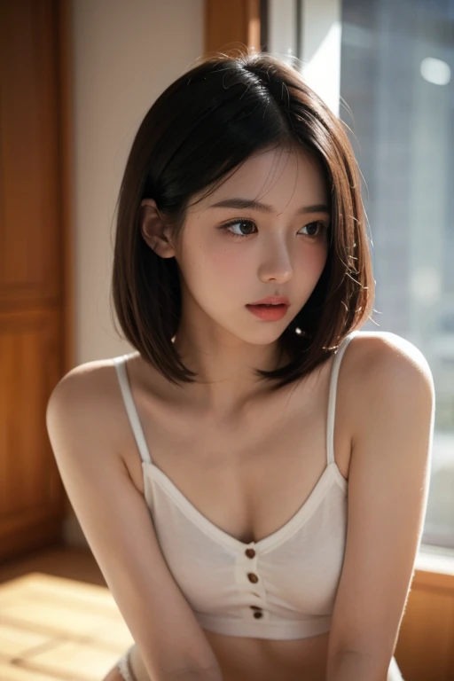 (Highly detailed CG Unity 8k wallpapers)、(masterpiece)、(top-quality)、(ultra-detailliert)、(The best illustrations)、(Best Shadows)、(Photorealsitic:1.4)、Real human skin、lensflare、shade、back lighting, depth of fields, natural soft light, Hard Focus, Film Grain, ntsw, One Girl, 18 years old, solo, scrawny, skinny, (Upside Down Clothes, oversized white shirt:1.2, Open shirt), pale skin, soft lips, (Bright eyebrows: 1.4), brown-eyed, wavy short black hair, (breasts are small), Being in bedroom, implied、high resolution、high-level image quality, facing the camera, looking forward, bending forward, tense, serious, wincing