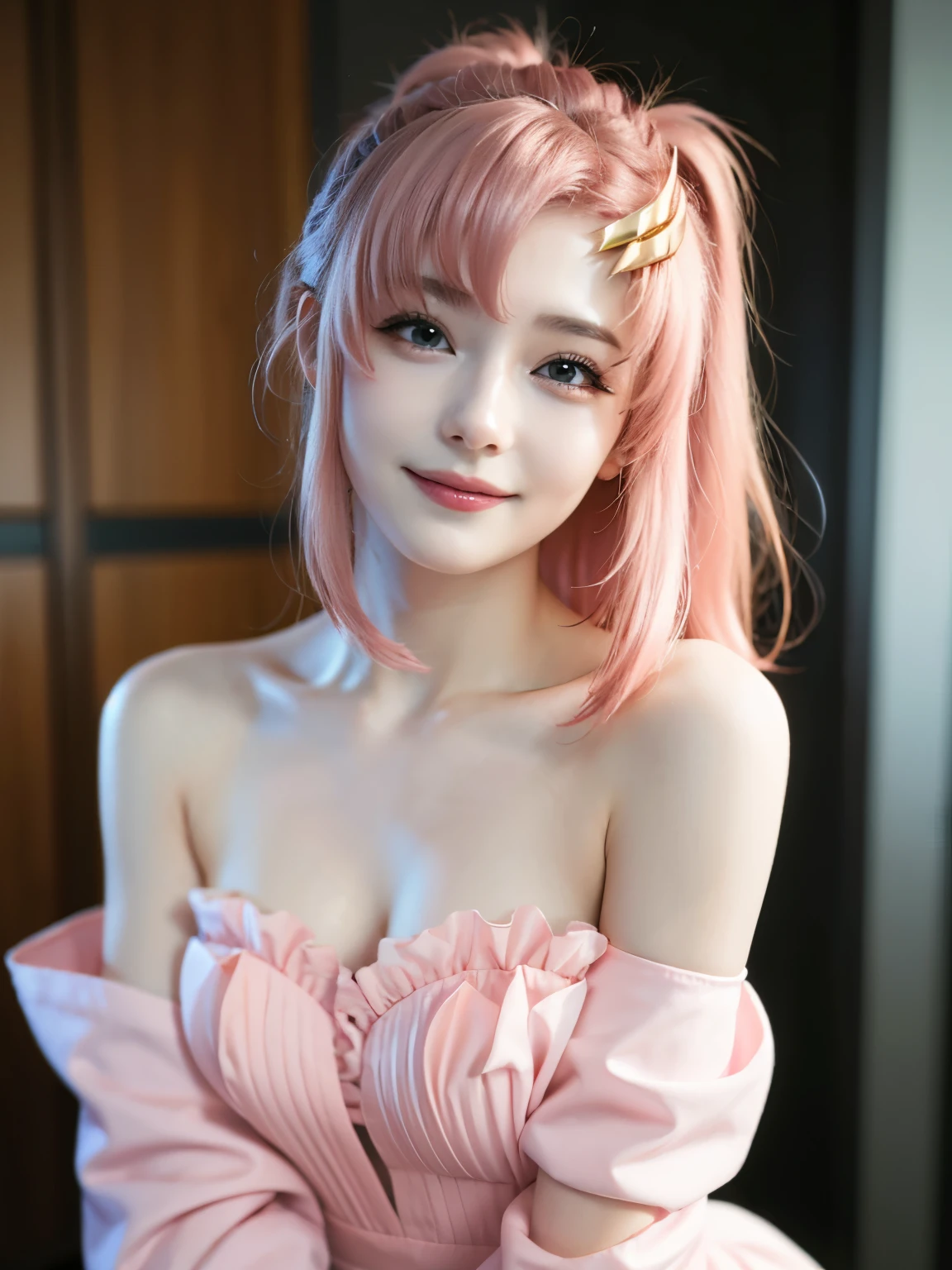 (breast focus:1.3), masterpiece, 1 Beautiful girl, Fine grain, highest quality, Ultra High resolution, (reality: 1.4), Cinema Lighting, Beautiful Skin, (Ultra-realistic), (High resolution), (8k), (Very detailed), ( Best illustrations), Pouting slightly,  (Crystal colorful lights), Extremely refined and beautiful, beautiful detailed eyes, Round eyes, detailed facial features, (Round pupils:1.4), (alluring face), Glistening Lips, smile, (medium breasts:1.3), Open lips, (Beautiful and detailed face, Beautiful and delicate eyes), pink cheek, mascara, pink hair, short hair, (waitress, apron, orange skirt, (white shirt:1.05), thighhighs:1.1), (cleavage:1.3), Restaurant, breasts on tray, breast rest, tray