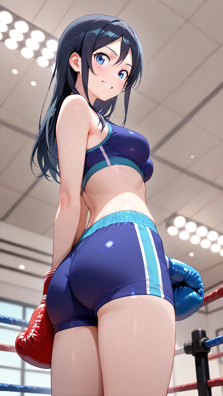2D anime picture, (anime style 1), single female arrogant boxer, 20 years old, sadistic, Japanese, beautiful long hairstyle, curvy ass, lush breasts, in black high neck crop top, in black short sport skirt with undies, in violet boxing gloves стоит возле боксёрском ринге, in empty gym, night