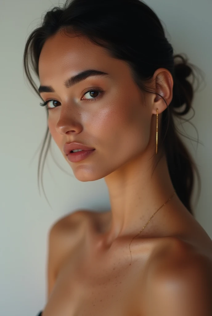 head of&#39;artwork, la plus haute qualité, alone, 1 fille, glistening skin, earrings&#39;creole ears, slick hair, attractif, Show off your shoulders, Transparent Ran Camisole, Professional Model, front, Portrait ，street style
