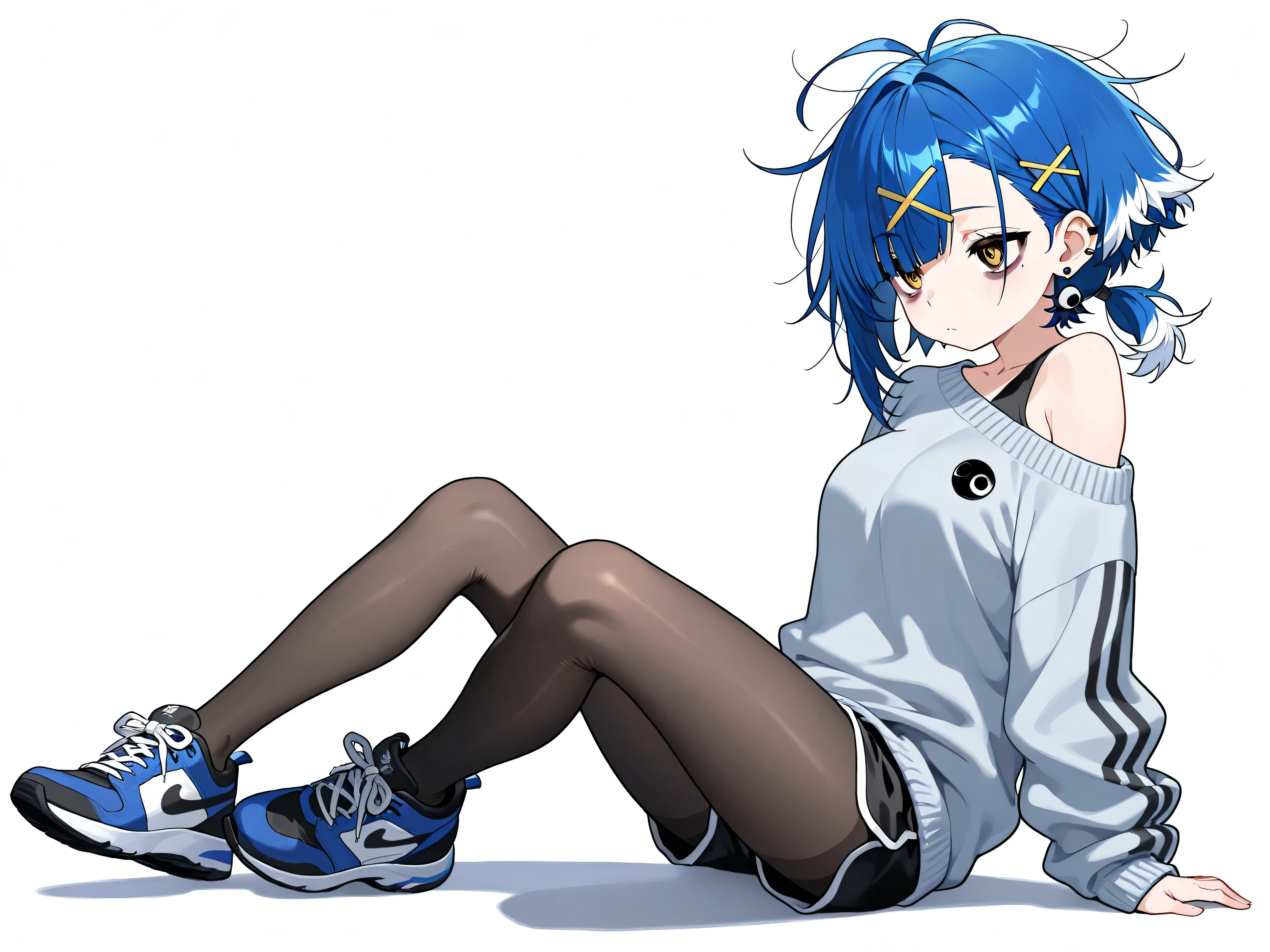 Kappa mikey style, Agent mitsuki, woman of 24 years old, attractive . long blue hair Loose  Up to the neck, a long-sleeved blue t-shirt with a red collar that exposes her navel, red gloves,
 blue ajusted pants yoga , and red shoes.Up to the neck, death , closed eyes decubitus supine body lying in the floor, arms up, legs open , image front to front 