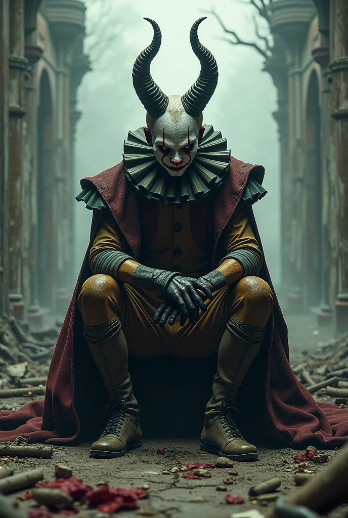 painting of a demonic sad harlequin, sits on a steep cliff with his legs dangling into the void, gloomy landscape snowstorm, dramatic, dynamic pose, cinematic scene, volumetric lights, ultra realistic, in the style of nicola samori