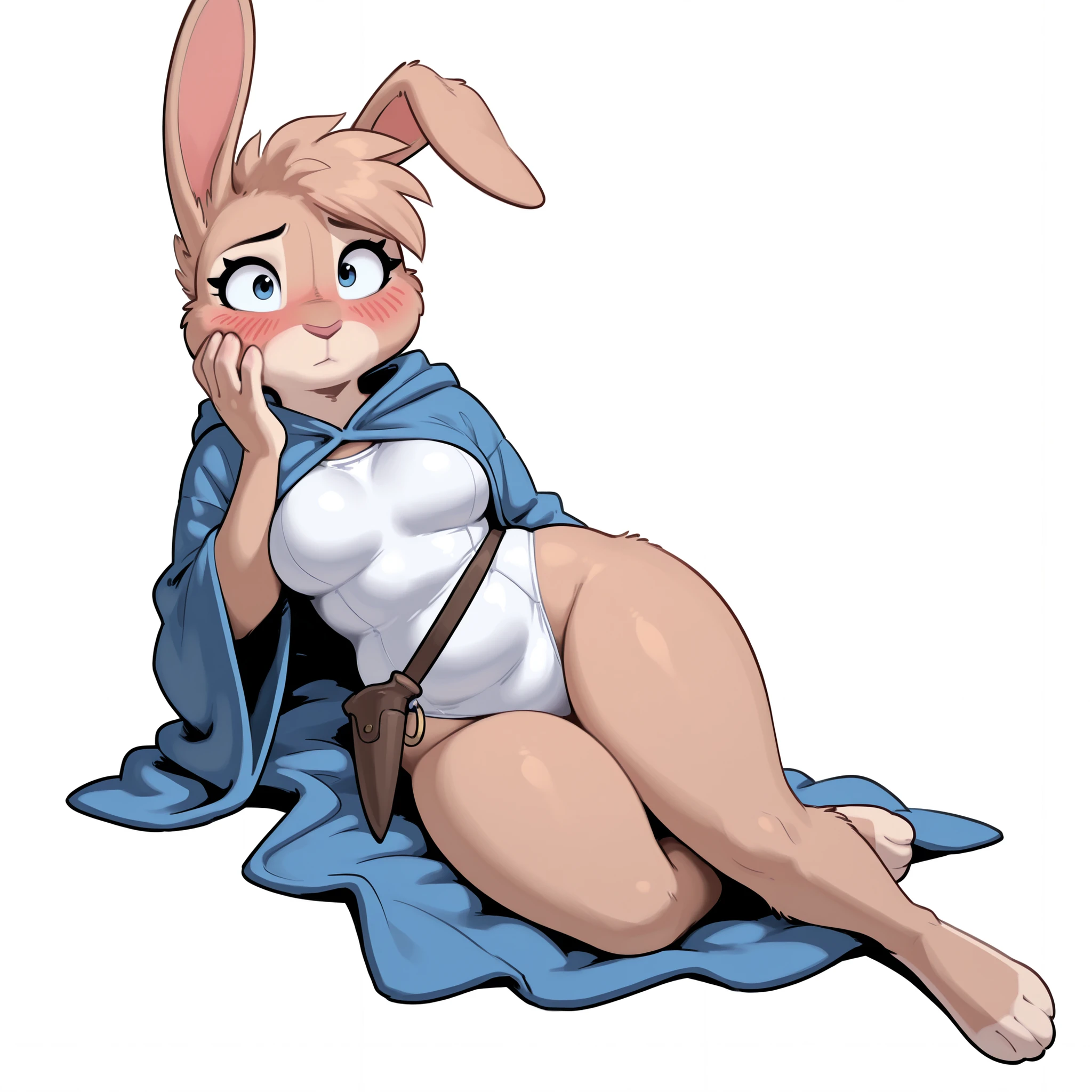 masterpiece, best quality, amazing quality, anthro bunny, female, (solo), big blue eyes, big eyelashes, light brown fur, medium breasts, hopeful, kind, gentle, shy, blushing, small hands, wide hips, chubby thighs, looking at viewer, young, looking at viewer, hand at face, small feet, short hair, white one-piece swimsuit, white background, baggy blue wizard robe, full body, short legs, walking, dagger on belt, plantigrade, lying on side