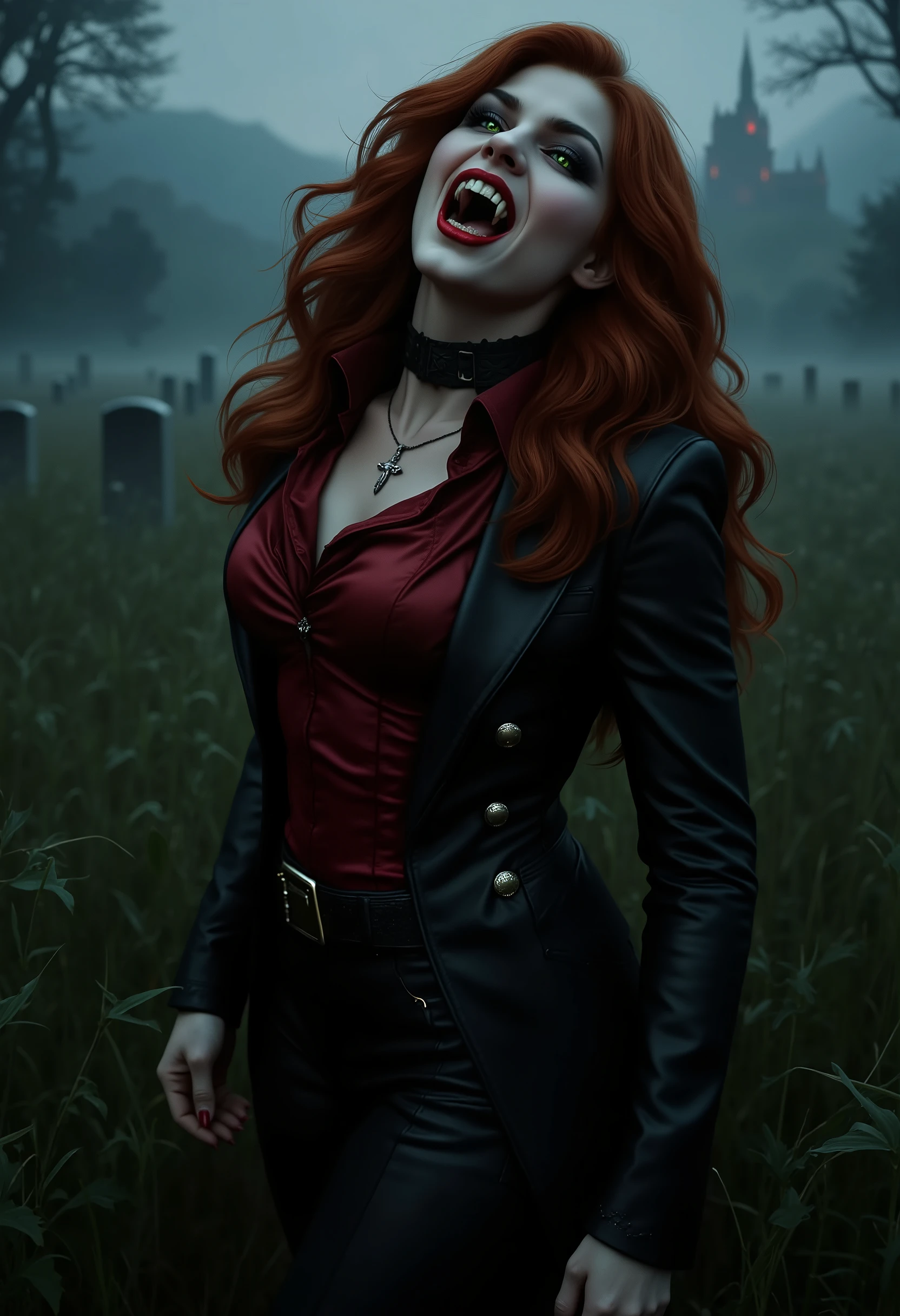 full body beautiful sensual sexy cool vampire girl slightly open ((huge vampire fangs)) muscular body red wavy long hair emerald green eyes, white skin, red lips, round face full red lips high arched eyebrows thin waist long shapely legs full breasts broad shoulders black leather riding breeches black leather riding boots black leather riding blazer red high neck silk turtleneck standing in tall grass in a cemetery at night fog twilight in the distance silhouette of a castle on a mountaintop