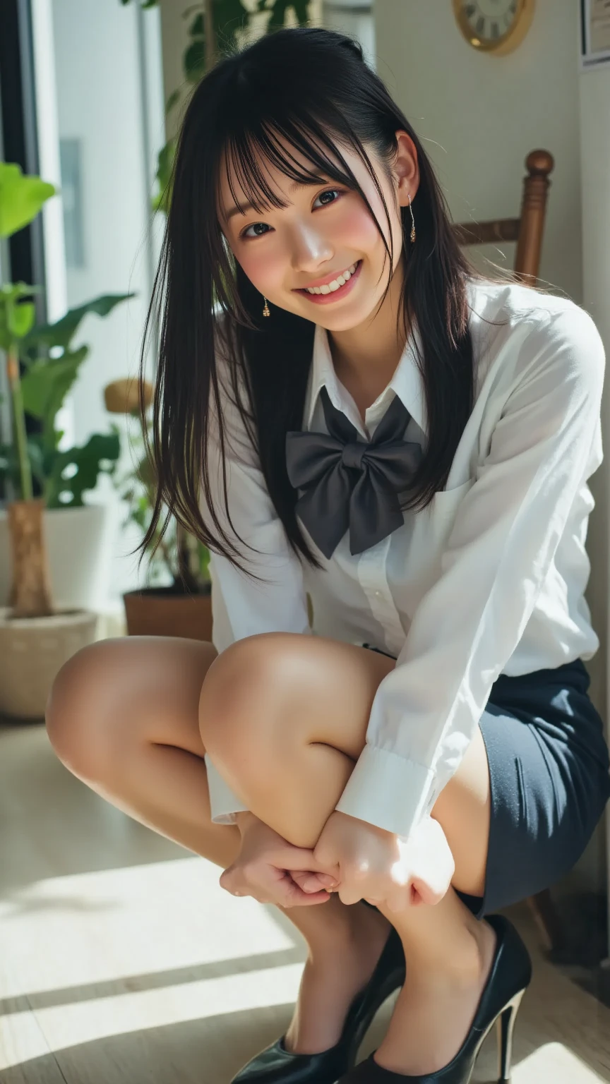 (8k, top quality, masterpiece: 1.2), (realistic, photorealistic: 1.37), super detailed, (((1 girl)), (full body), standing in the city, you can see inside the skirt, maid outfit, solo, (smile: 1.15), (mouth closed), small breasts, dense eyes are beautiful, (long hair: 1.2), floating hair, photo from below, white underwear, mini skirt, sitting,