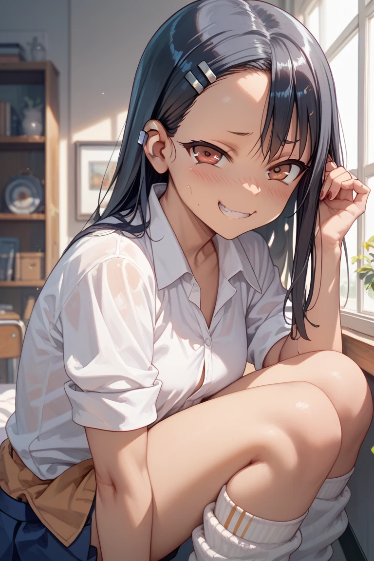 very cute and beautiful girl,(Very detailed美しい顔), (smile),blush,Black Hair,Seraphim,((White Hair、long hair)),(White Shirt、Pleated navy blue pread your legs、Squat)、Sitting、(From below)、(Lace panties), Country road, (Highest quality,masterpiece:1.0),Absurd,High resolution,Super detailed,Very detailed,32K,8k resolution, Intricate details,Movie Scenes,Detailed Background,alone,Dynamic Angle,