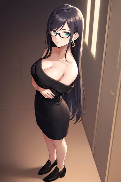 Chica de lentes, con vestido negro, parada con una pose sexy, con senos grandes sacando la lengua en la biblioteca