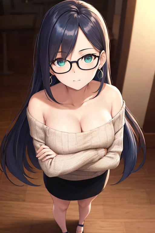1girl,alone,sumireko sanshokuin,masterpiece,best quality,anime screenshot,black hair,red barrette,blue eyes,black glasses,medium hair,school,library,standing,good lighting,white shirt,tank shirt , cleavage, black shorts, short shorts, black shoes, embarrassed, seductive, smiling, closed mouth, sexy body, big breasts, medium waist, medium thighs, round butt, looking at the viewer, from front, pov (from below), NFSW, exposed breast, showing nipple, lewd, sexy, showing breast, nude, ultra focus on breast