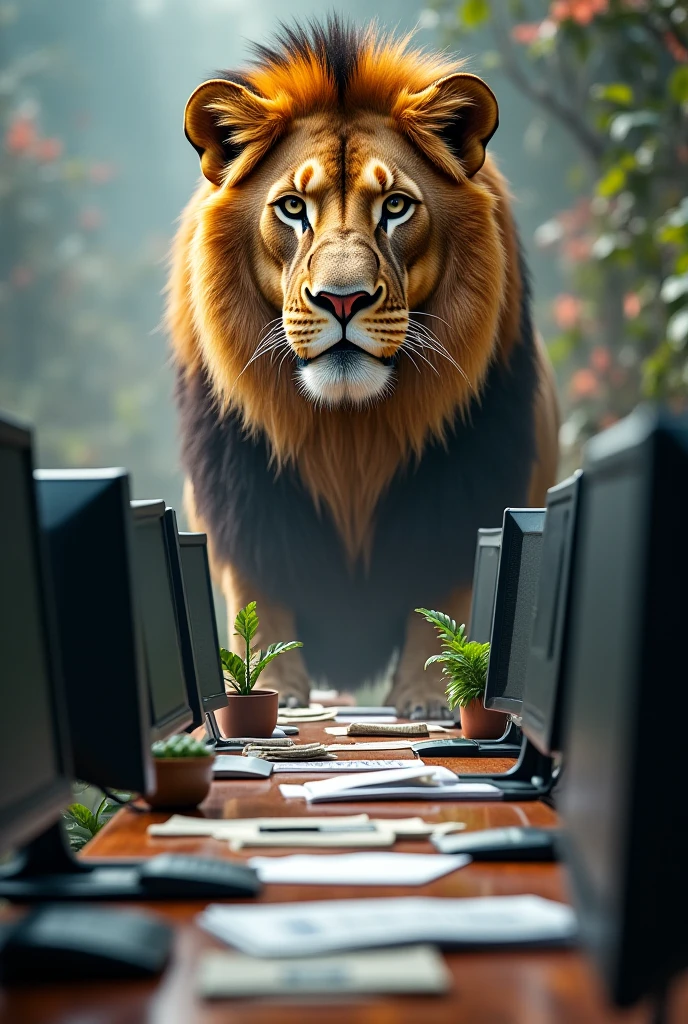 Lion sitting in the jungle and surfing on the laptop wearing VR headsets